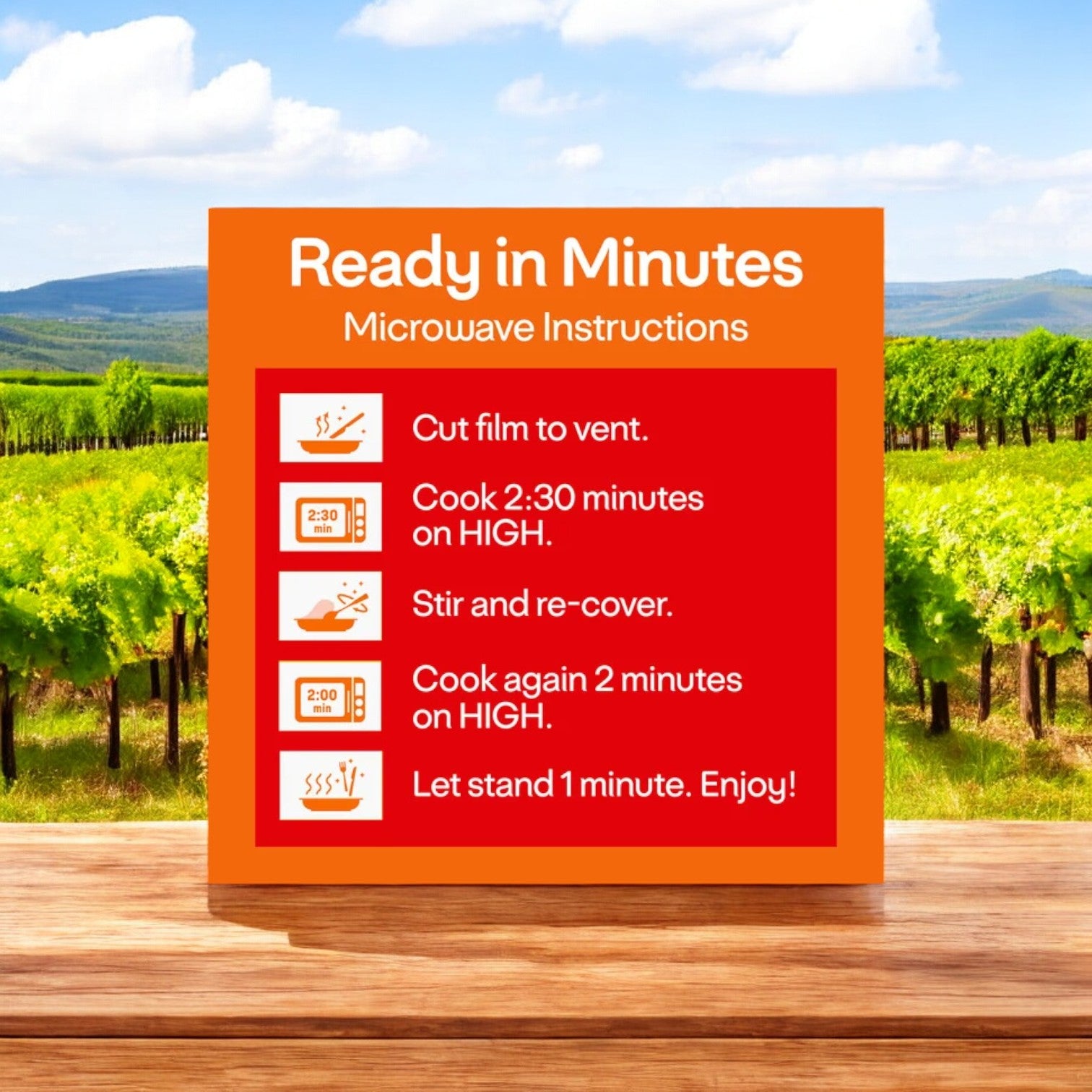 Instruction board for Lean Cuisine Roasted Turkey Breast: Cut film to vent, cook for 2:30 minutes on HIGH, stir and re-cover, cook again for 2 minutes on HIGH, let stand 1 minute. This quick and convenient meal is low in calories. Background features a vineyard.