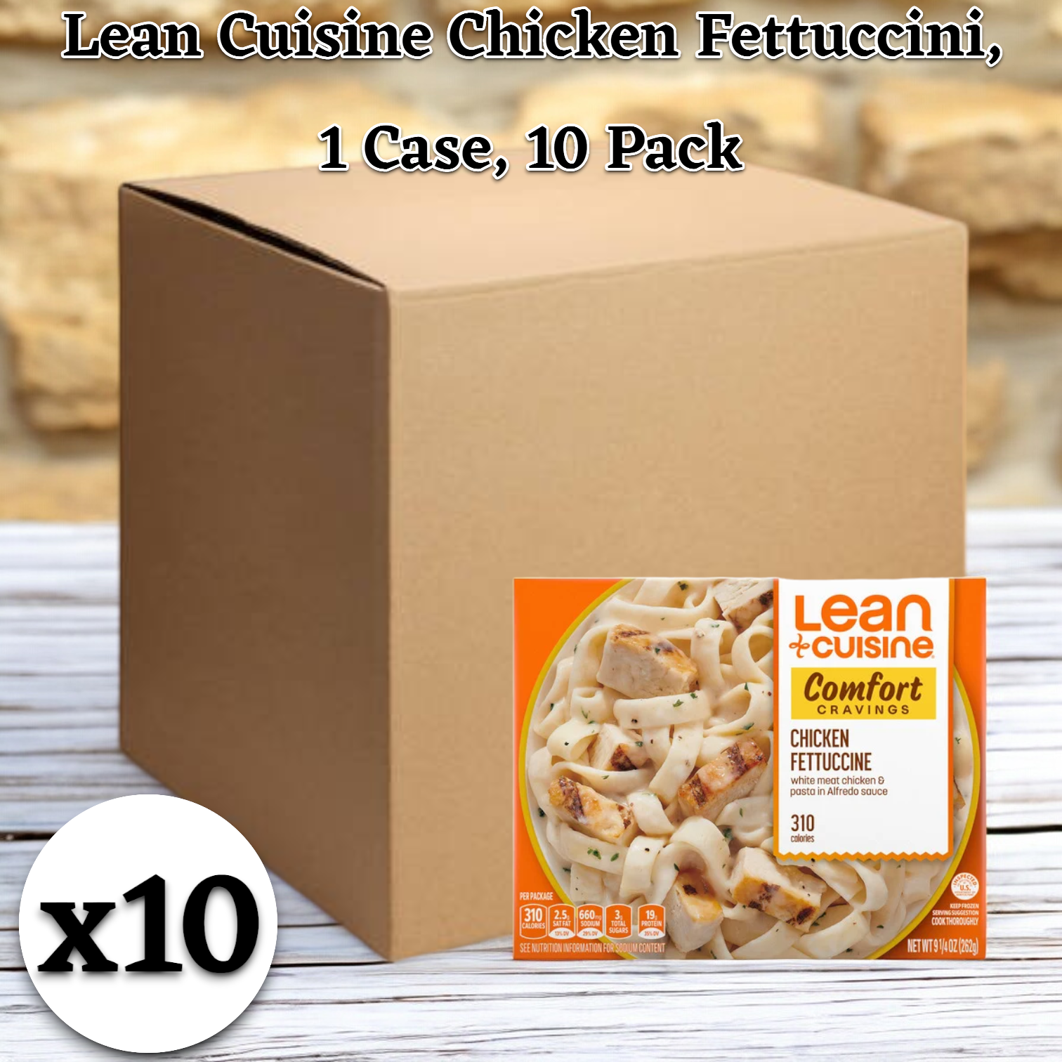 A cardboard box labeled with "Lean Cuisine Favorites Chicken Fettuccini, 9.25 oz." sits next to a package, showing it contains 1 case of 10 packs. These microwaveable Lean Cuisine meals are ideal for a quick and satisfying dinner.