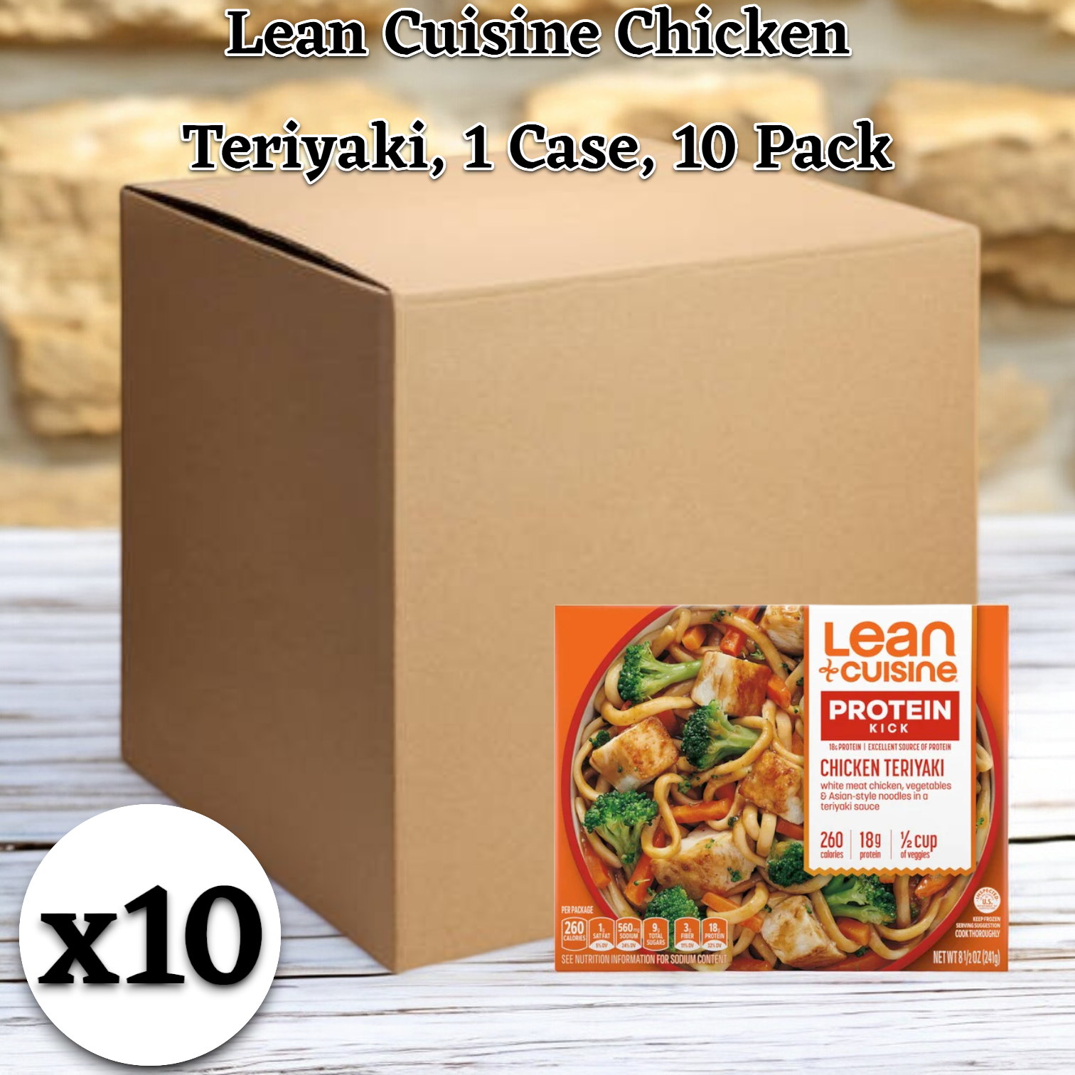 A cardboard box is shown with an inset image of a Lean Cuisine Noodle Bar Chicken Teriyaki Bowl. The inset indicates that the box contains 10 packs of this convenient microwaveable meal, each being 8.5 oz.