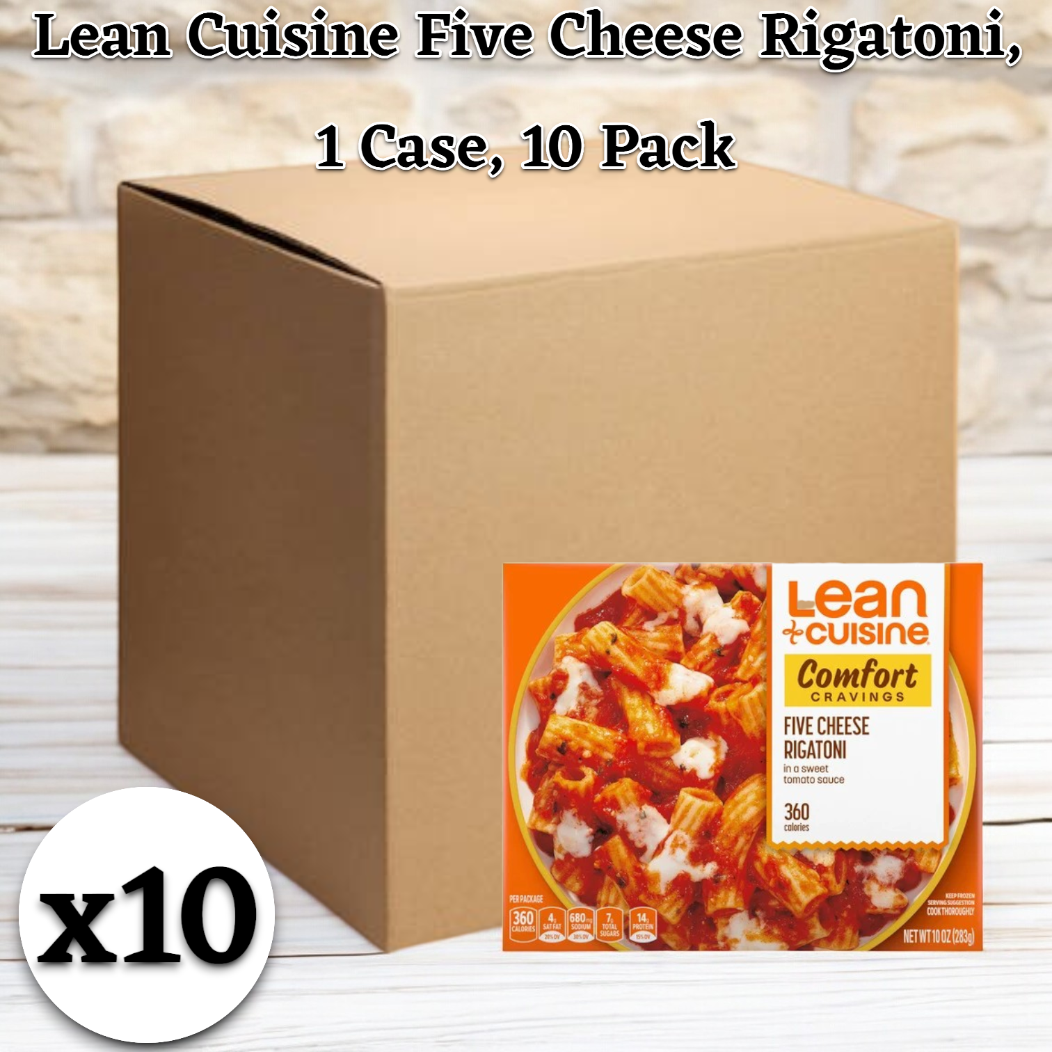 A cardboard box is shown with a Lean Cuisine Favorites Five Cheese Rigatoni, 10 oz. package in front. The text indicates it is a case containing 10 packs of this microwaveable pasta from the Lean Cuisine brand.