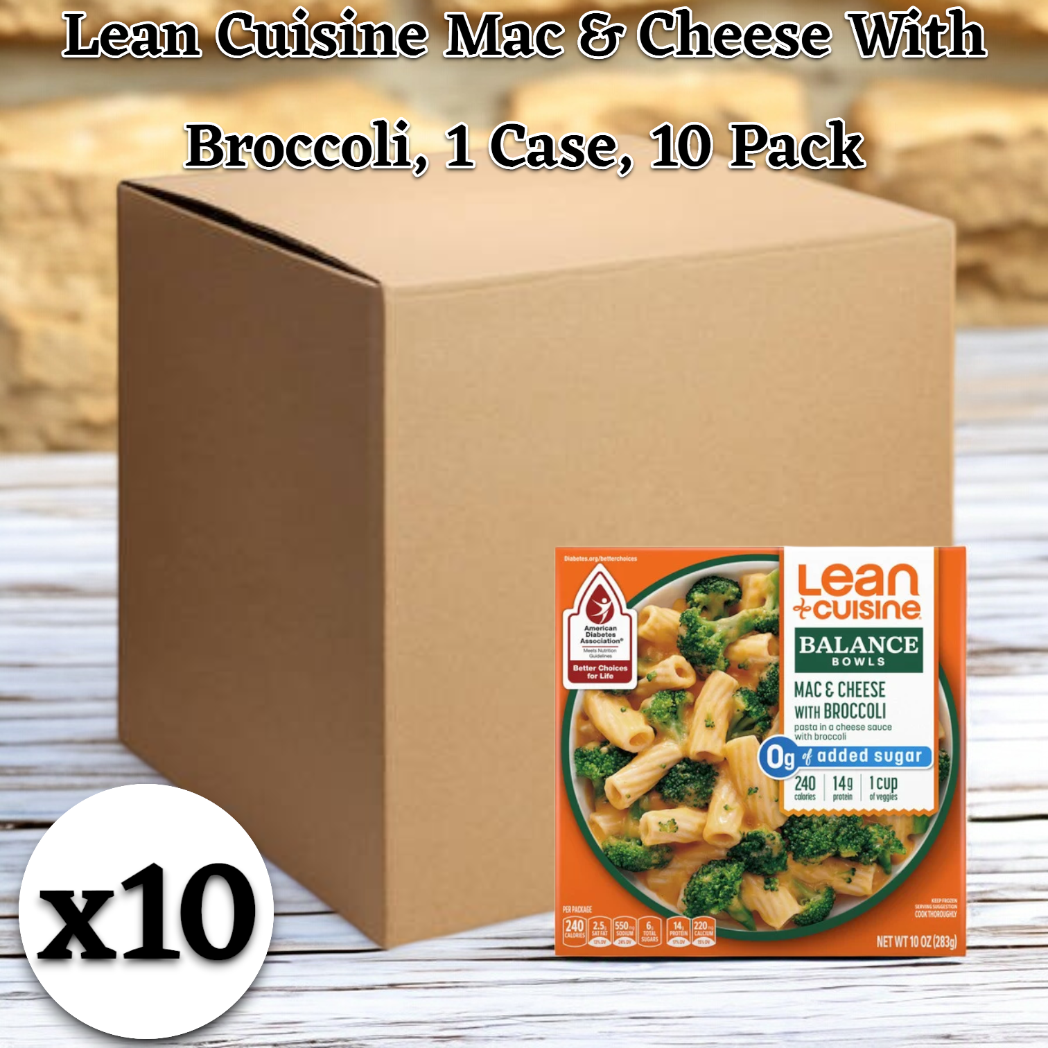 A case of Lean Cuisine Macaroni and Cheese with Broccoli Bowls, each weighing 10 oz., contains 10 packs, displayed with one of the packs and its nutritional information prominently shown in the foreground.