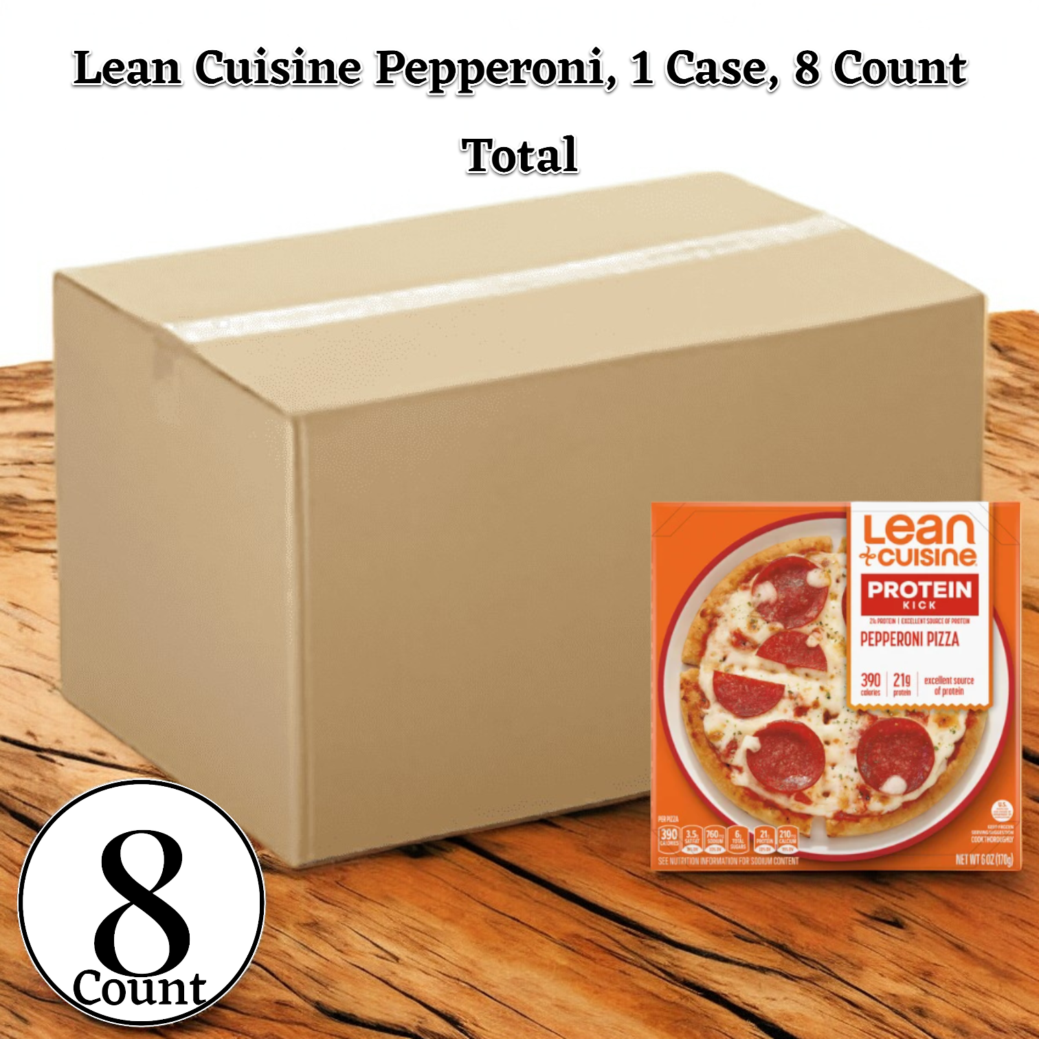 A sealed cardboard box next to a Lean Cuisine Pepperoni Pizza packaging. Text reads: "Lean Cuisine Pepperoni, 6 oz. - 1 Case, 8 Pack." Circular icon shows "8 Pack" for this healthy pepperoni pizza that's a perfect low-calorie meal.