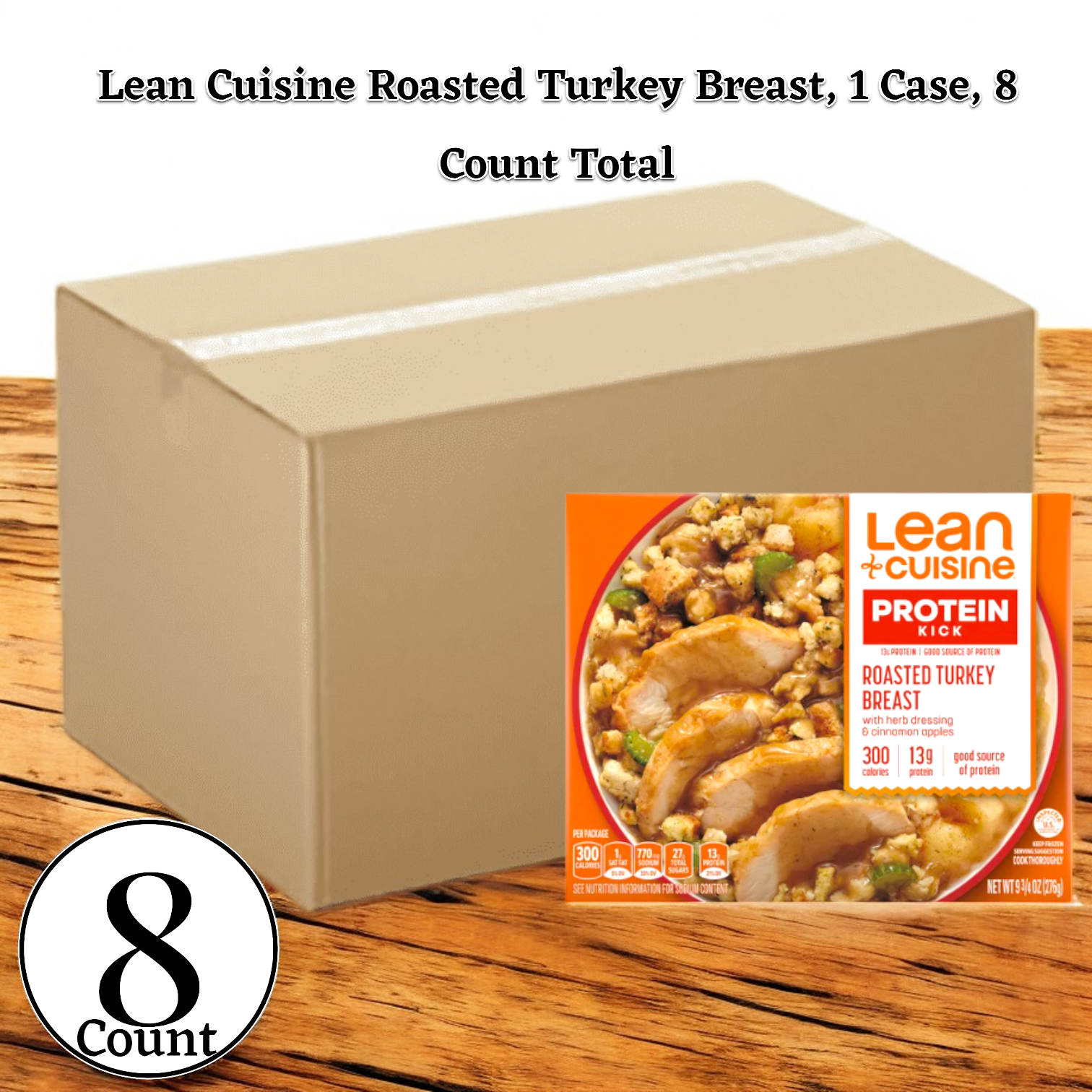 A brown cardboard shipping box contains multiple packages of Lean Cuisine Roasted Turkey Breast, each weighing 9.75 oz. The package is labeled "1 Case, 8 Pack," with nutritional information and meal contents clearly visible. This microwave-ready option from Lean Cuisine offers a healthy and balanced meal that's convenient without compromising on nutrition.