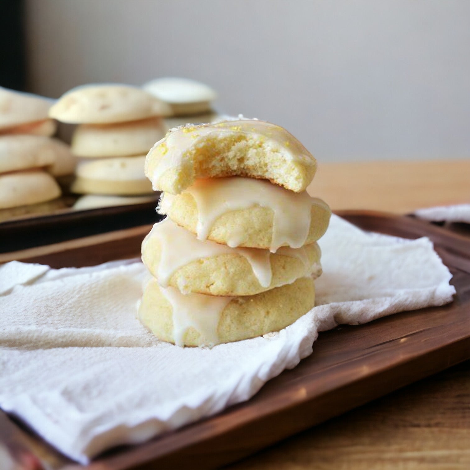 On a wooden tray lined with a white cloth, there's a stack of three Lemon Ricotta Cookies from Easy Lunches, with a bite taken out of the top one. Their zesty lemon flavor is irresistible, and more cookies are visible in the background.