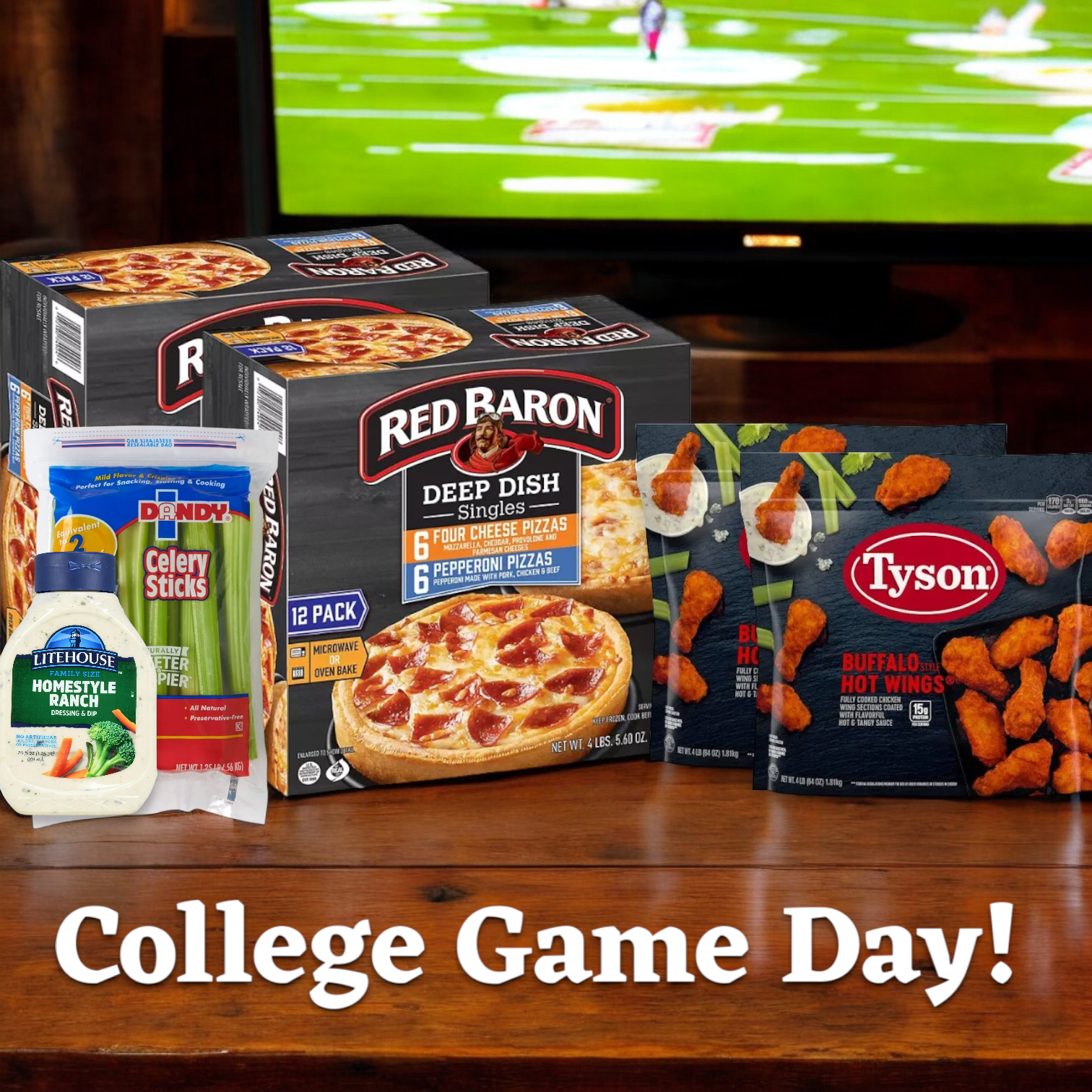 A Game Day Bundle from easylunches, featuring Red Baron's 24 pizzas, Tyson's two bags of buffalo hot wings, Litehouse Homestyle ranch dressing, and refreshing celery sticks—all six items are perfectly displayed invitingly in front of a TV.