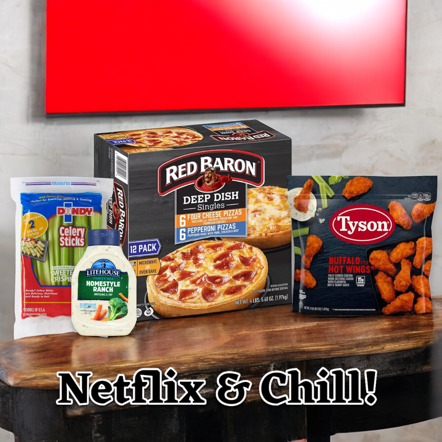 A variety of snacks featuring celery sticks, Lifehouse Homestyle Ranch dressing, Tyson Buffalo Hot Wings, and DeepDish Pizzas from easylunches arranged on a table with a TV in the background and the text "Netflix & Chill Pack!" at the bottom.