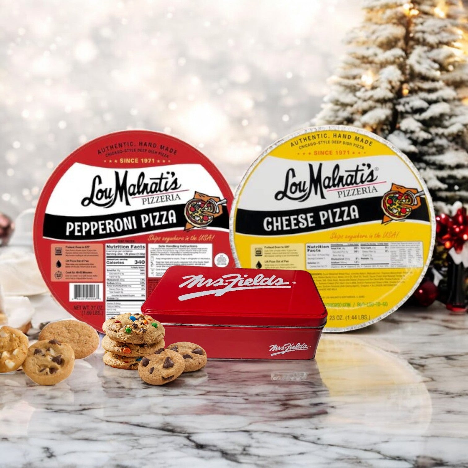 The Easy Lunches "Lou Malnati's Deep Dish & Mrs. Fields 3 Pack Combo! Free Shipping!" features a festive display with one pepperoni and one cheese Lou Malnati's Chicago deep-dish pizza, complemented by a Mrs. Fields cookie tin and cookies, set against a wintery backdrop.