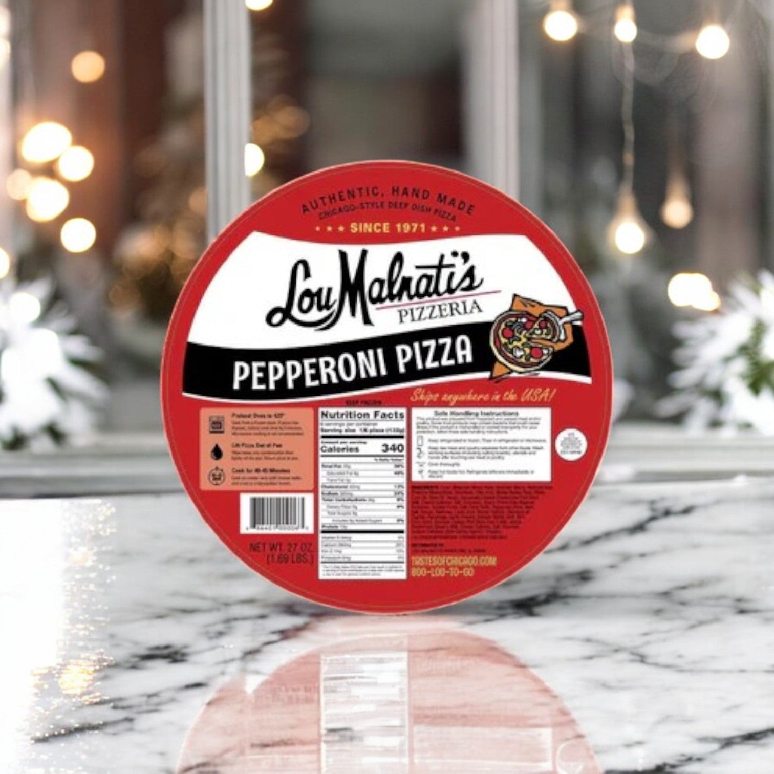 A package of Easy Lunches' Lou Malnati's Deep Dish & Mrs. Fields 3 Pack Combo, celebrated for its iconic Chicago deep-dish pizza, rests on a marble surface, displaying its nutritional information alongside a unique circular red and white design.