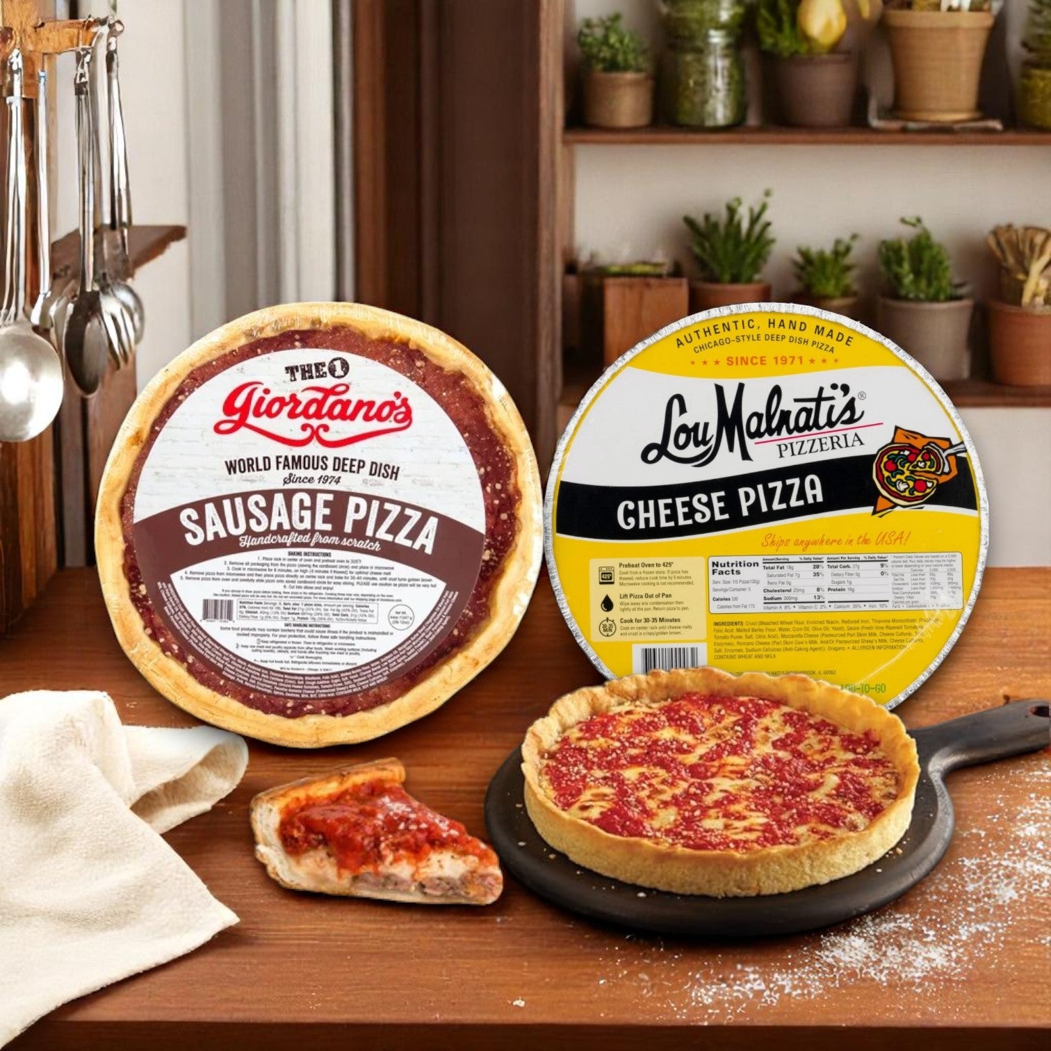 Two frozen pizzas from the Chicago's Best Deep Dish Pizza Combo – Lou Malnati's & Giordano's (Chicago's Best – Iconic Eats from the Windy City) are shown in their packaging on a kitchen counter, with a baked pizza and slice in front.