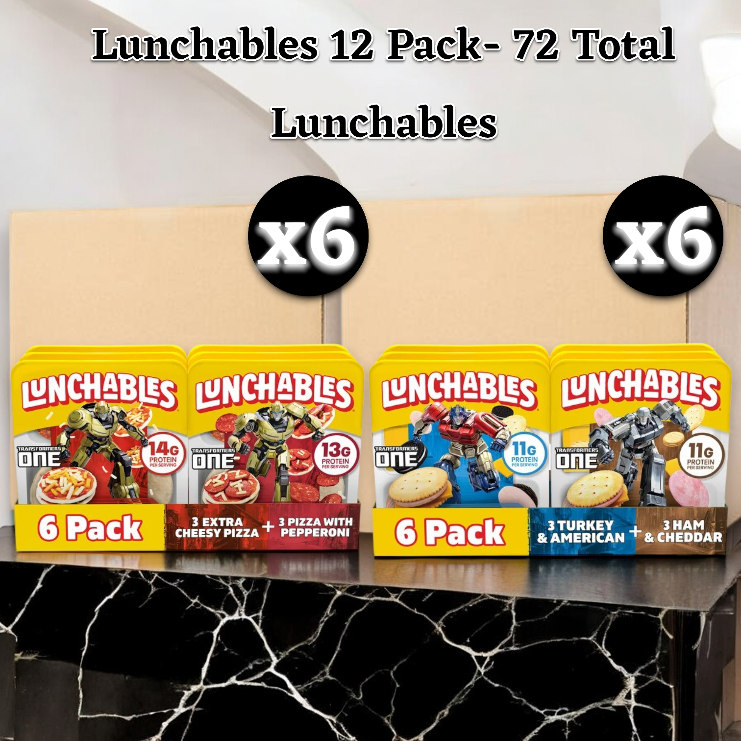 A Lunchables 12 Pack-72 Total Lunchables, featuring six 6-packs of Extra Cheesy Pizza, Pepperoni Pizza, Turkey & American Cheese, and Ham & Cheddar flavors, is displayed on a countertop in front of a cardboard box.