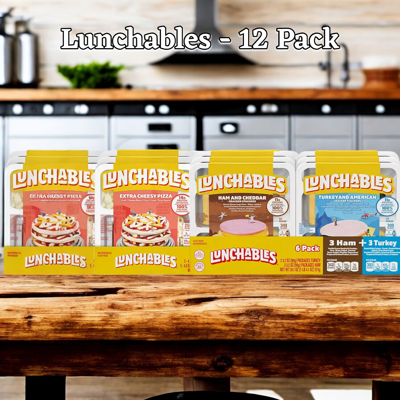 A Lunchables Variety Pack, showcasing 12 total servings in diverse flavors like ham and cheddar, turkey and American, alongside pizza kits, all arranged on a kitchen counter. The Lunchables Variety Pack provides an enjoyable and convenient option for a quick meal or snack.