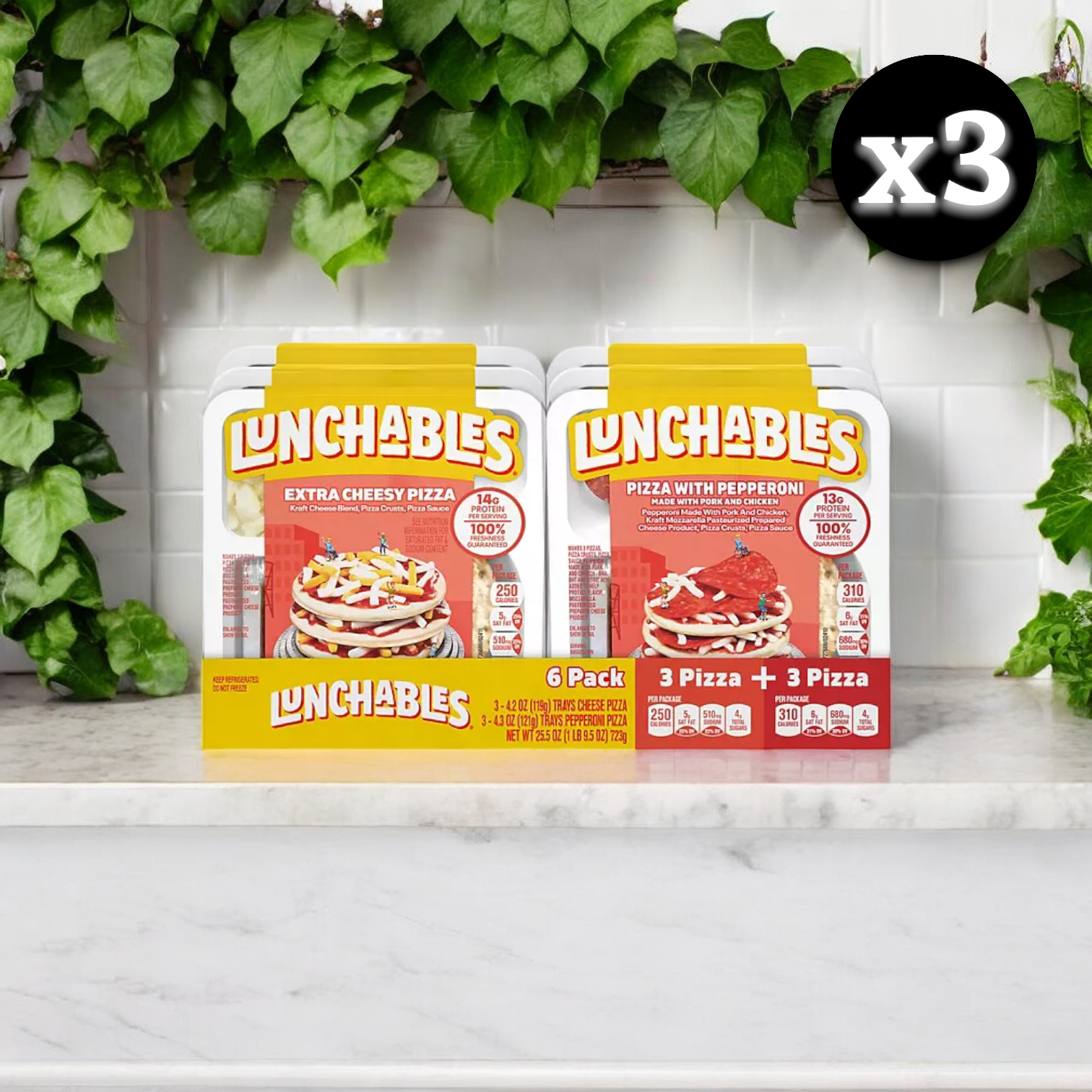 Image of a cardboard box with text displaying "Lunchables Pizza Kits Variety Pack- 3 Pack - 6 Count - 18 Total Lunchables." In the corner, three Lunchables Pizza packs are shown, each pack containing six mini pizzas from the well-known brand Lunchables, perfect for on-the-go meals.