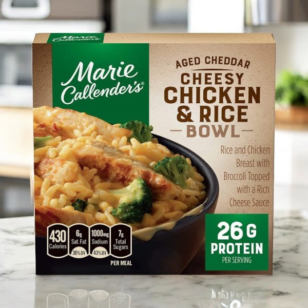 The Marie Callender's Meals Bundle, featuring two Aged Cheddar Cheesy Chicken & Rice Bowls, showcases rice, chicken breast, and broccoli enveloped in a delectable cheese sauce. With an impressive 26g of protein per serving, this savory dish stands out alongside the Tender Ginger Beef & Broccoli Bowl included in the bundle.