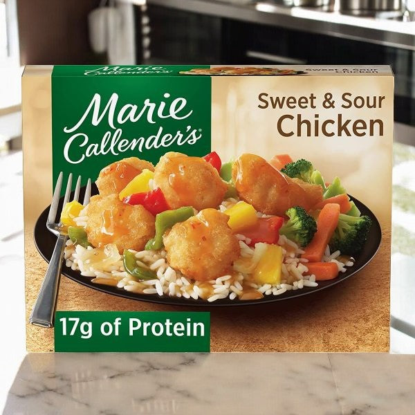 Box of Marie Callender's Sweet & Sour Chicken, showing an image of the dish with breaded chicken, rice, and vegetables. The box highlights 17g of protein. For another delightful meal option, try the Marie Callender's Meals Bundle featuring 2 Chicken and Rice, 2 Beef and Broccoli, 2 Mac and Cheese, and Sweet and Sour Chicken—8 total meals.