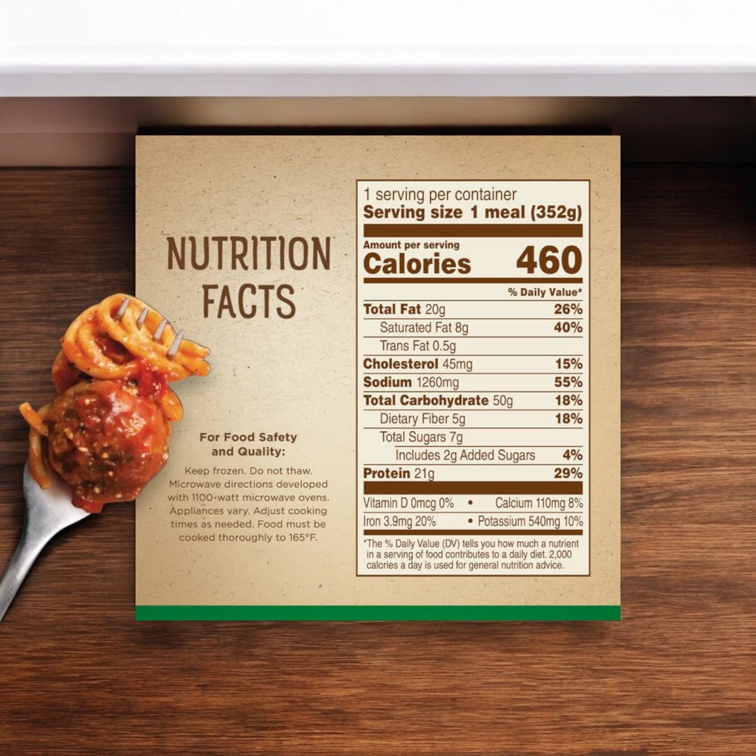 On the packaging of Marie Callender's Classic Spaghetti and Meatballs Bowl, 12.4 oz., you’ll find a nutrition facts label indicating that there are 460 calories per serving. To the left of this label, there's an enticing image of a fork holding a bite of this delicious Italian meal.