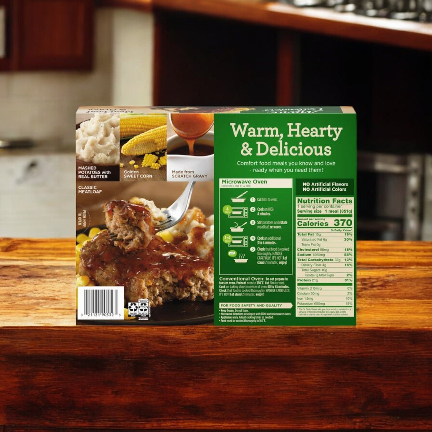 Indulge in a box of Marie Callender's Meat Loaf & Gravy, featuring 12.4 oz of ready-made classic meatloaf, accompanied by mashed potatoes, sweet corn, and scratch gravy. Nutrition facts and heating instructions are conveniently provided on the back. Experience comfort food perfection with every bite, courtesy of Marie Callender's.