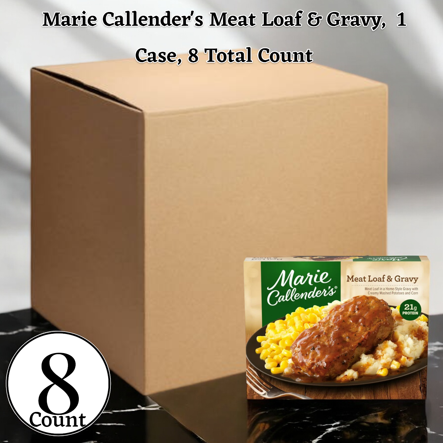 A plain brown box. Inset: packaging of Marie Callender's Meat Loaf & Gravy frozen meal with mashed potatoes and corn, labeled 21g protein. Text reads: "Marie Callender’s Meat Loaf & Gravy, 12.4 oz., 1 Case, 8 Pack.