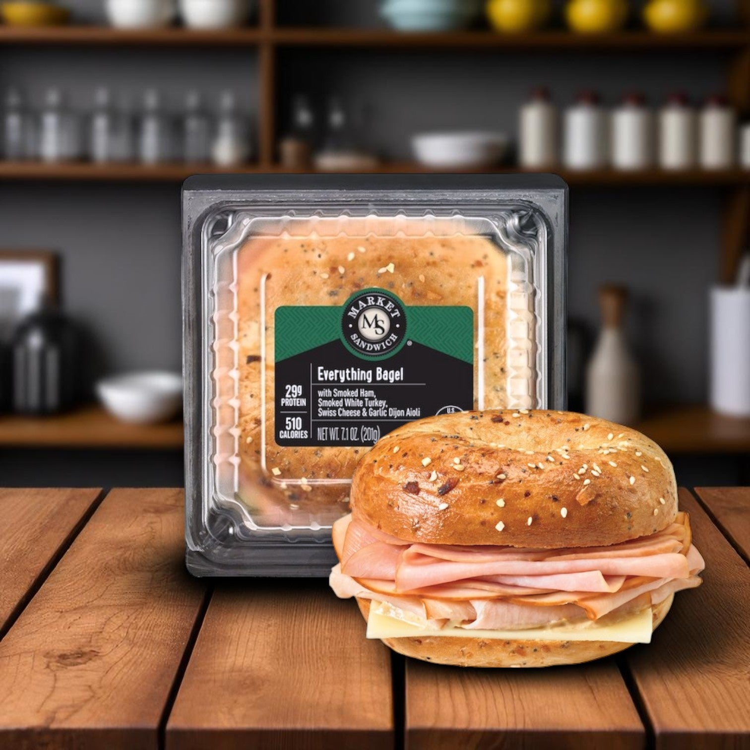 Market Sandwich Everything Bagel, Ham, Turkey, Swiss Cheese, And Garlic Dijon Aioli Sandwich, 7.1 oz.