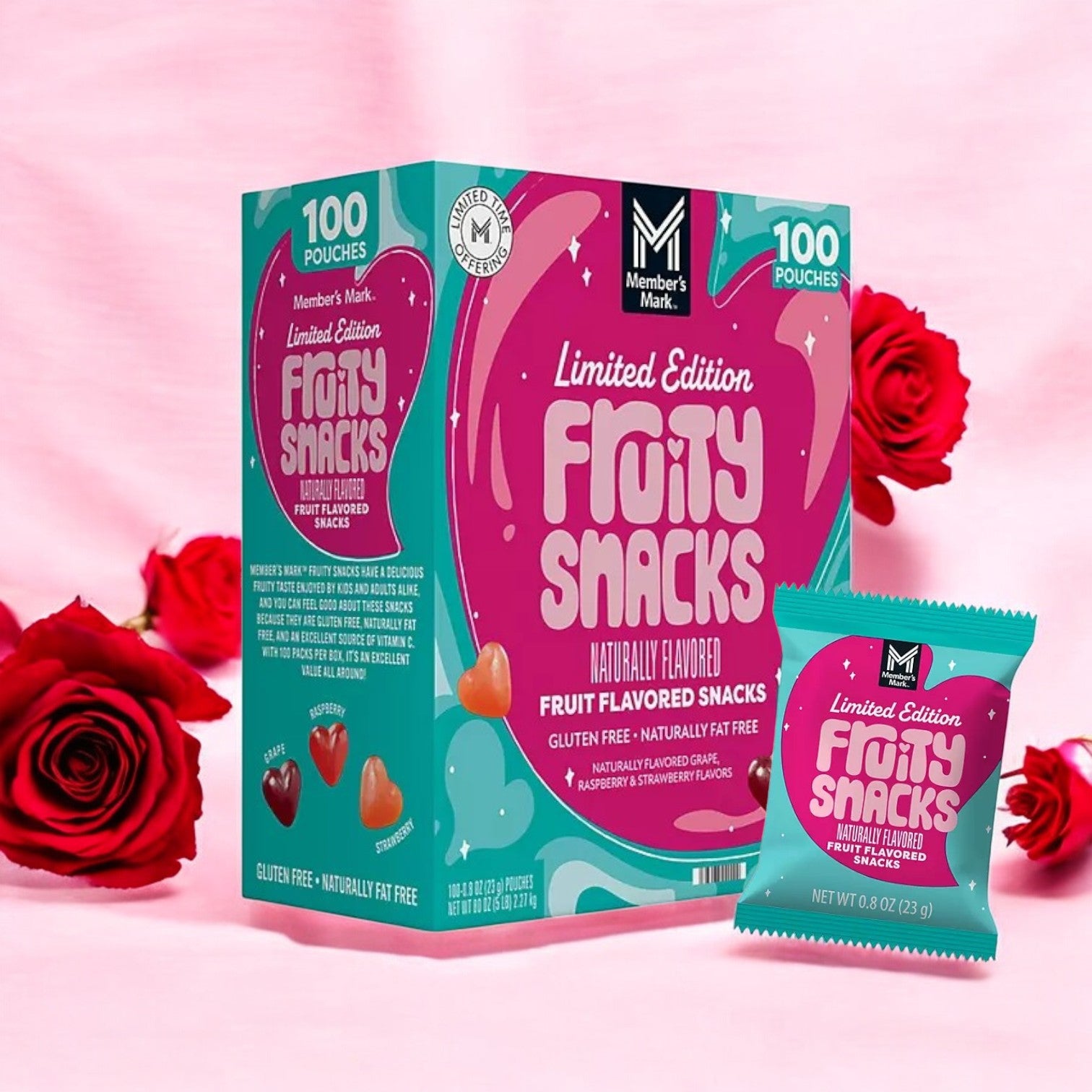 Member's Mark Valentine's Day Fruity Snacks – 100 naturally flavored, gluten-free 0.8 oz. pouches featuring heart-shaped snacks, each with rose-themed packaging on a pink background.