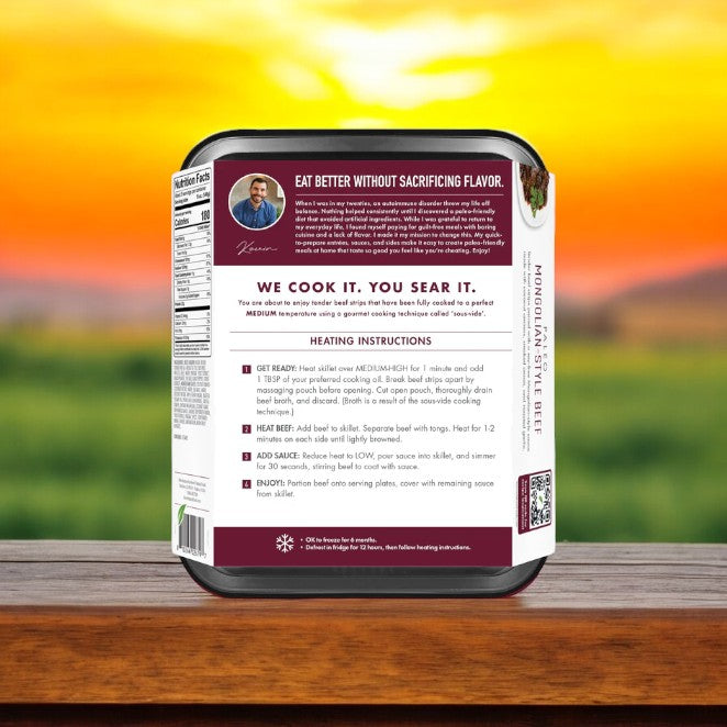 A package of Kevin's Mongolian Beef sits on a wooden surface, highlighting its all-natural ingredients. The label provides heating instructions and nutritional information, ensuring a restaurant-quality dining experience at home.