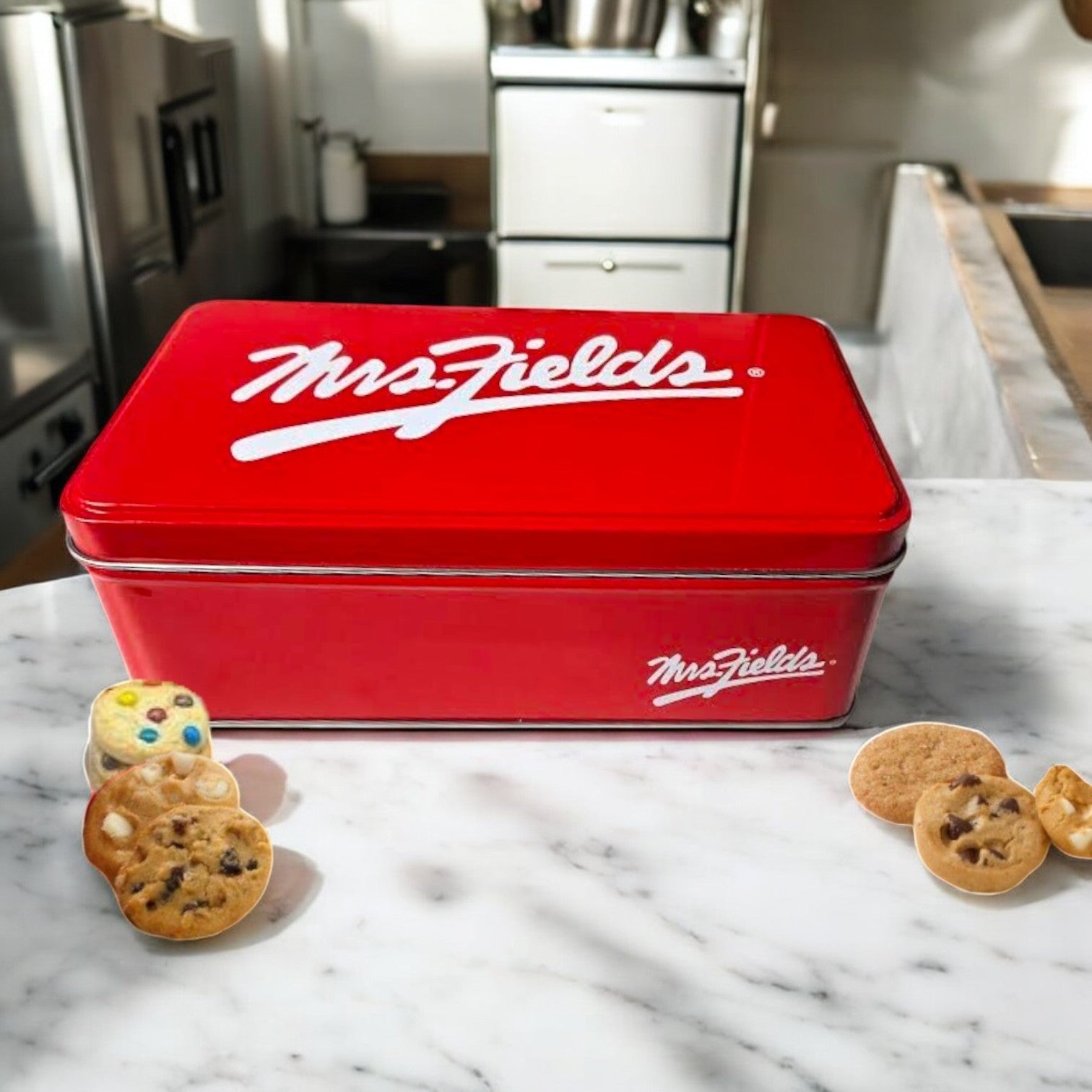 A red Mrs. Fields Signature Tin with 24 Nibblers Bite-Sized Assorted Cookies sits on a marble counter, creating an inviting kitchen atmosphere.