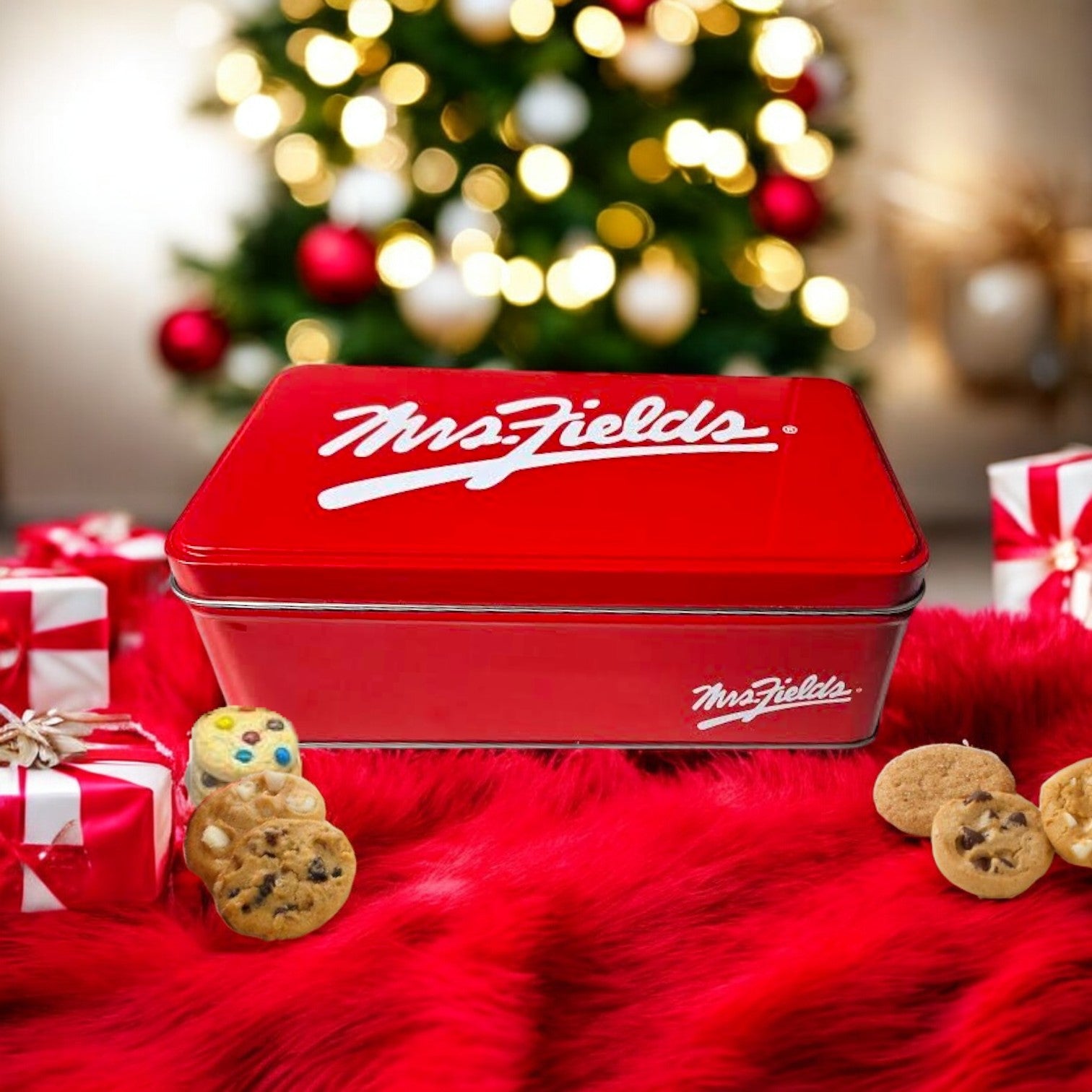 A Mrs. Fields Signature Tin filled with Nibblers Bite-Sized Assorted Cookies sits among wrapped gifts on a festive red background, with a blurred Christmas tree sparkling in the distance.