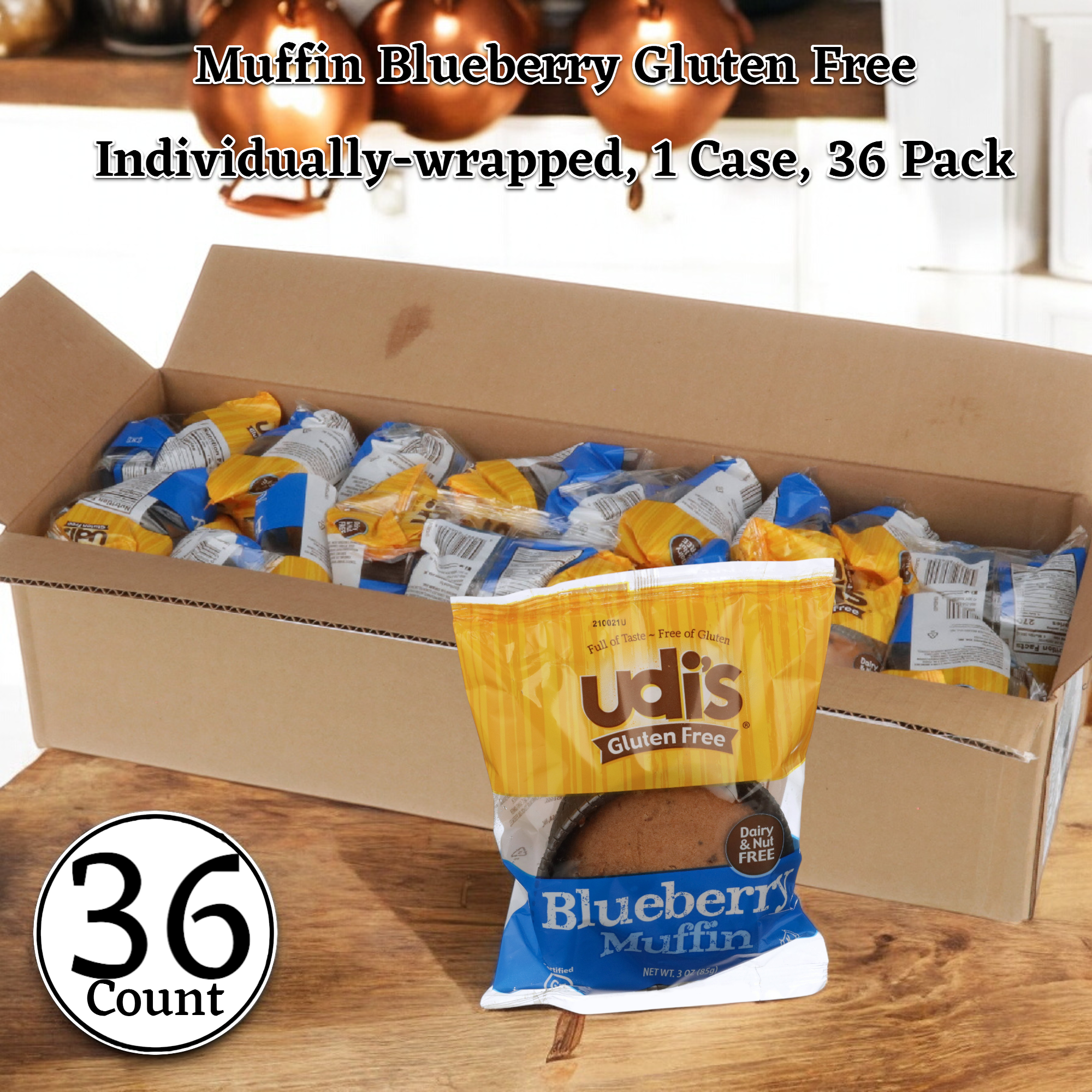 A 36-count case of Udi's gluten-free blueberry muffins, each muffin thoughtfully individually wrapped and weighing 3 oz., sits on the kitchen counter.