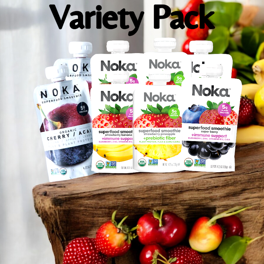 A Noka Variety Pack featuring 8 superfood smoothie pouches in 4 delicious flavors, displayed alongside fresh cherries, bananas, and other fruits. Each packet showcases specific nutritional benefits like immune support and prebiotic fiber.