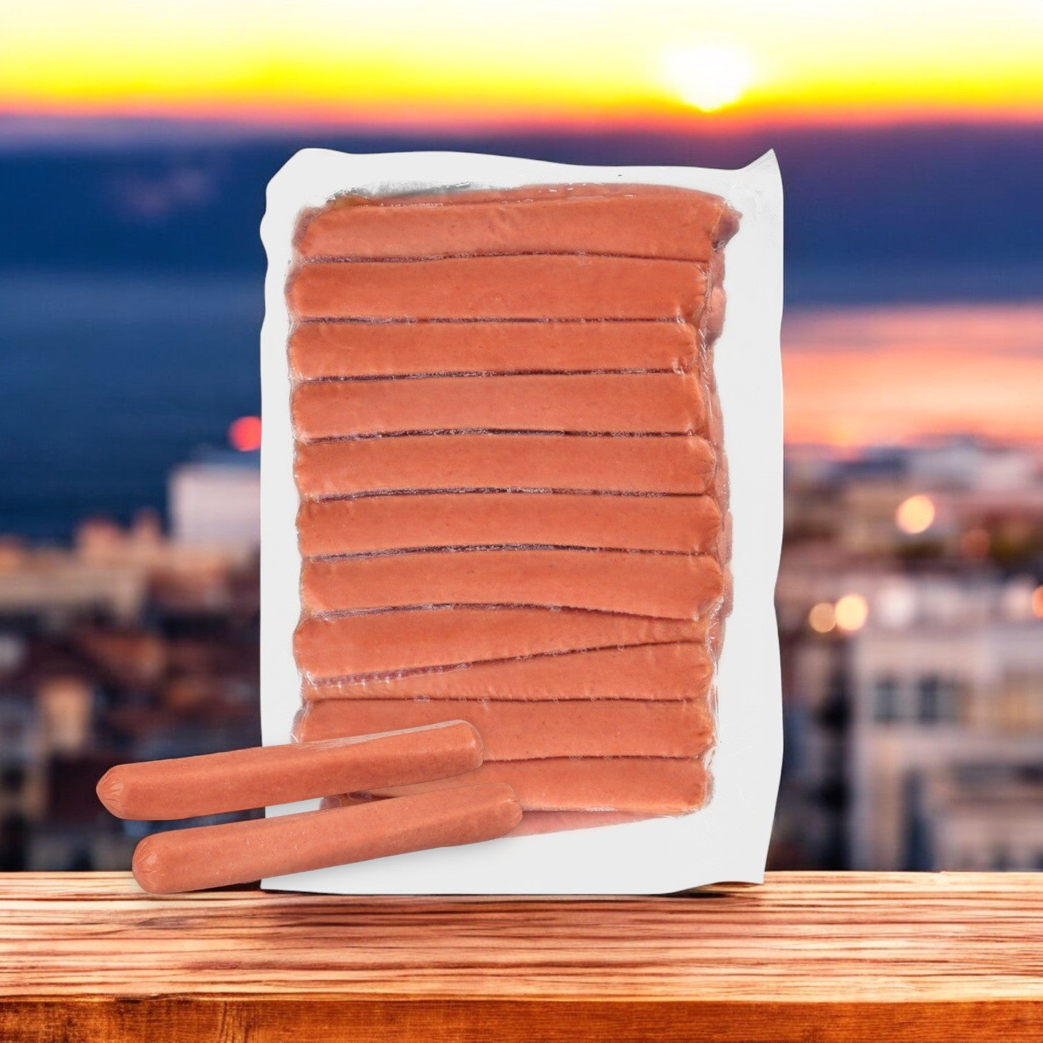 An 80-count package of Nathan's Famous Frank All-Beef 6" hot dogs rests on a wooden surface, accompanied by two extra franks, with a cityscape and sunset as the backdrop.