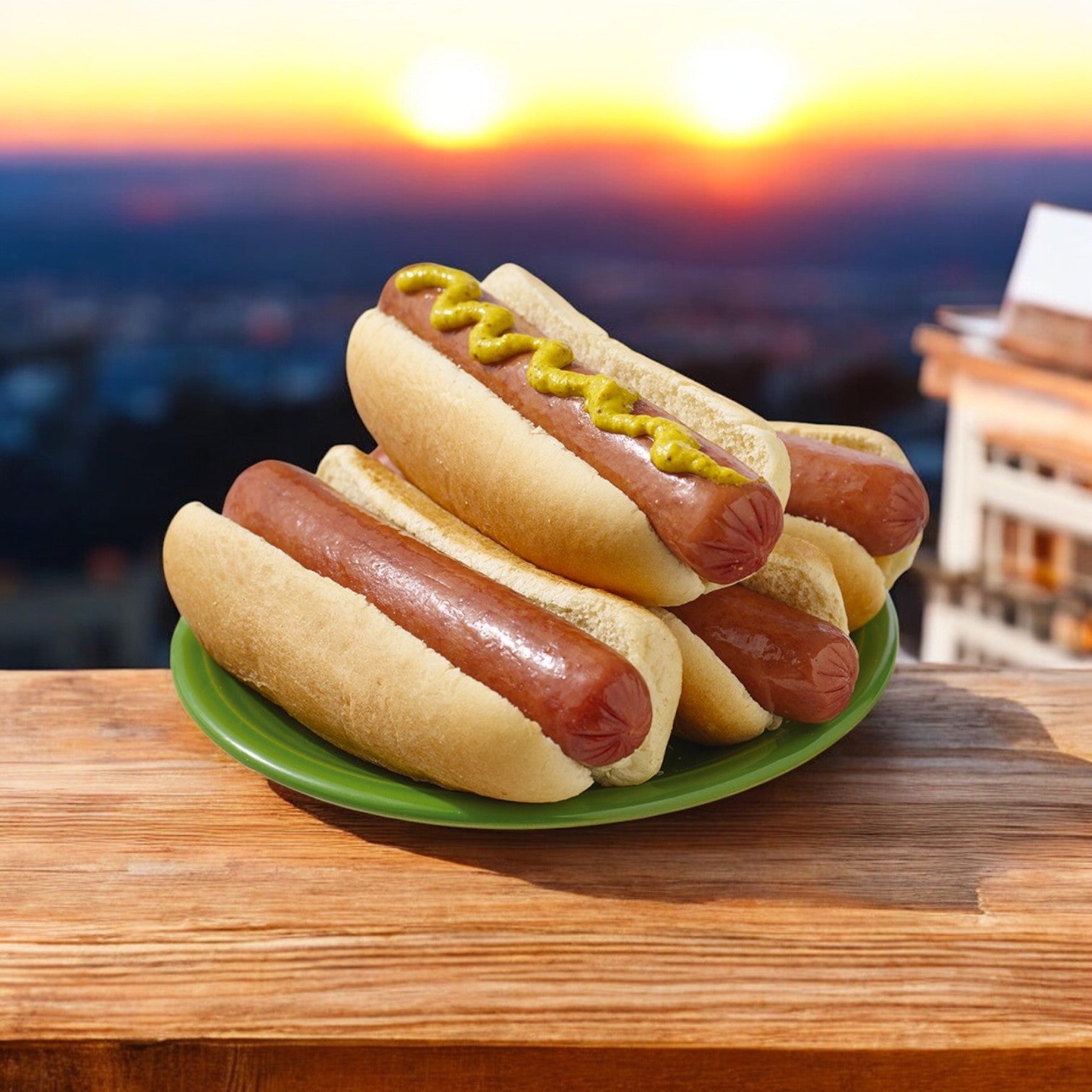 Three Nathan's Famous 6" all-beef frankfurters sit on a green plate; one is topped with mustard. They're placed on a wooden surface with a cityscape and sunset in the background.