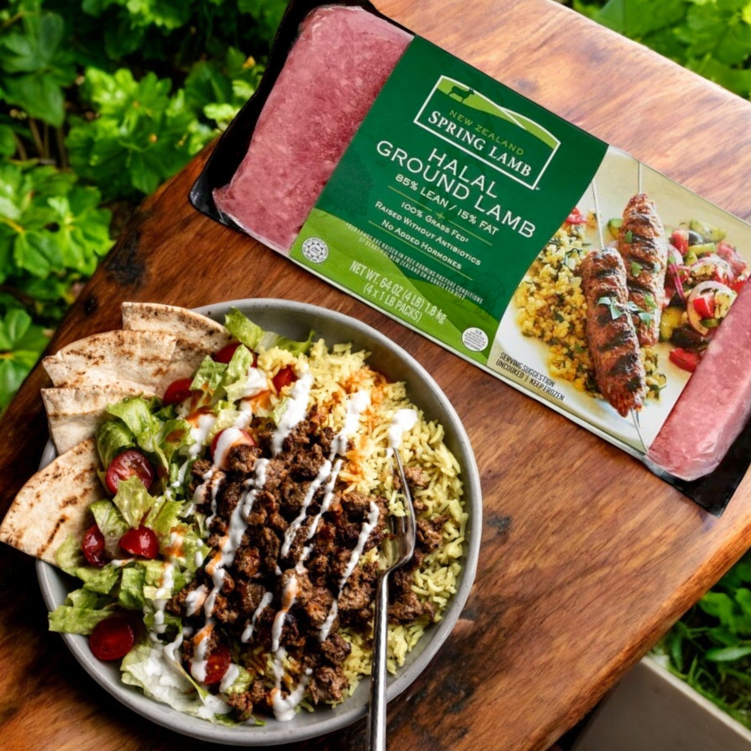 A bowl of seasoned lamb over rice with lettuce, tomatoes, flatbread, and sauce sits nearby. On a wooden surface is a package of New Zealand Spring Lamb Halal Ground Lamb, 85% Lean – 4 lb.