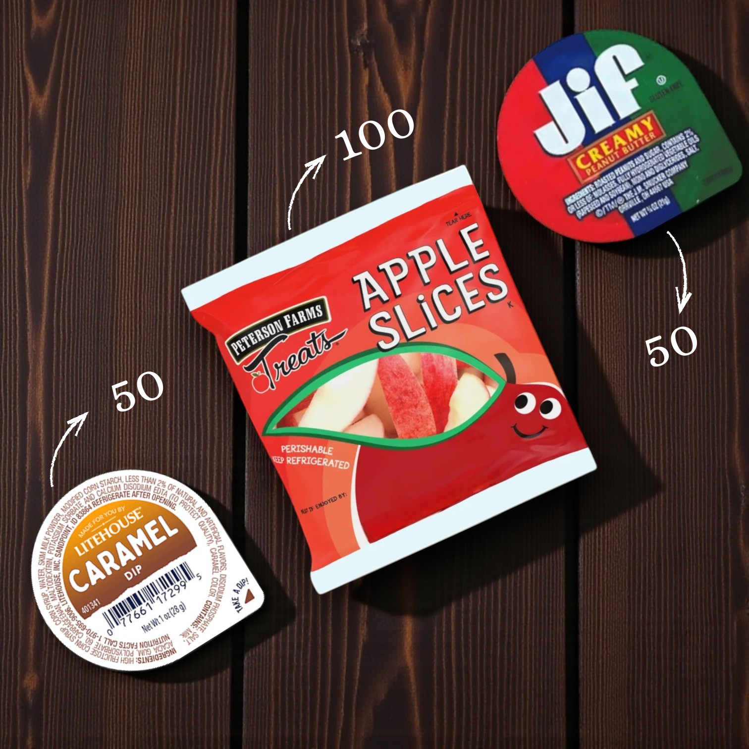 Fresh Apple Snacks (100) With Caramel Dips (50)  and Peanut Butter Cups (50)  Combo Pack!