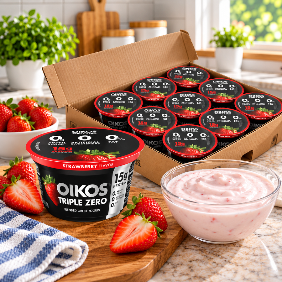 Oikos Triple Zero Strawberry Nonfat Greek Yogurt – 12 × 5.3 oz Cups 1 case