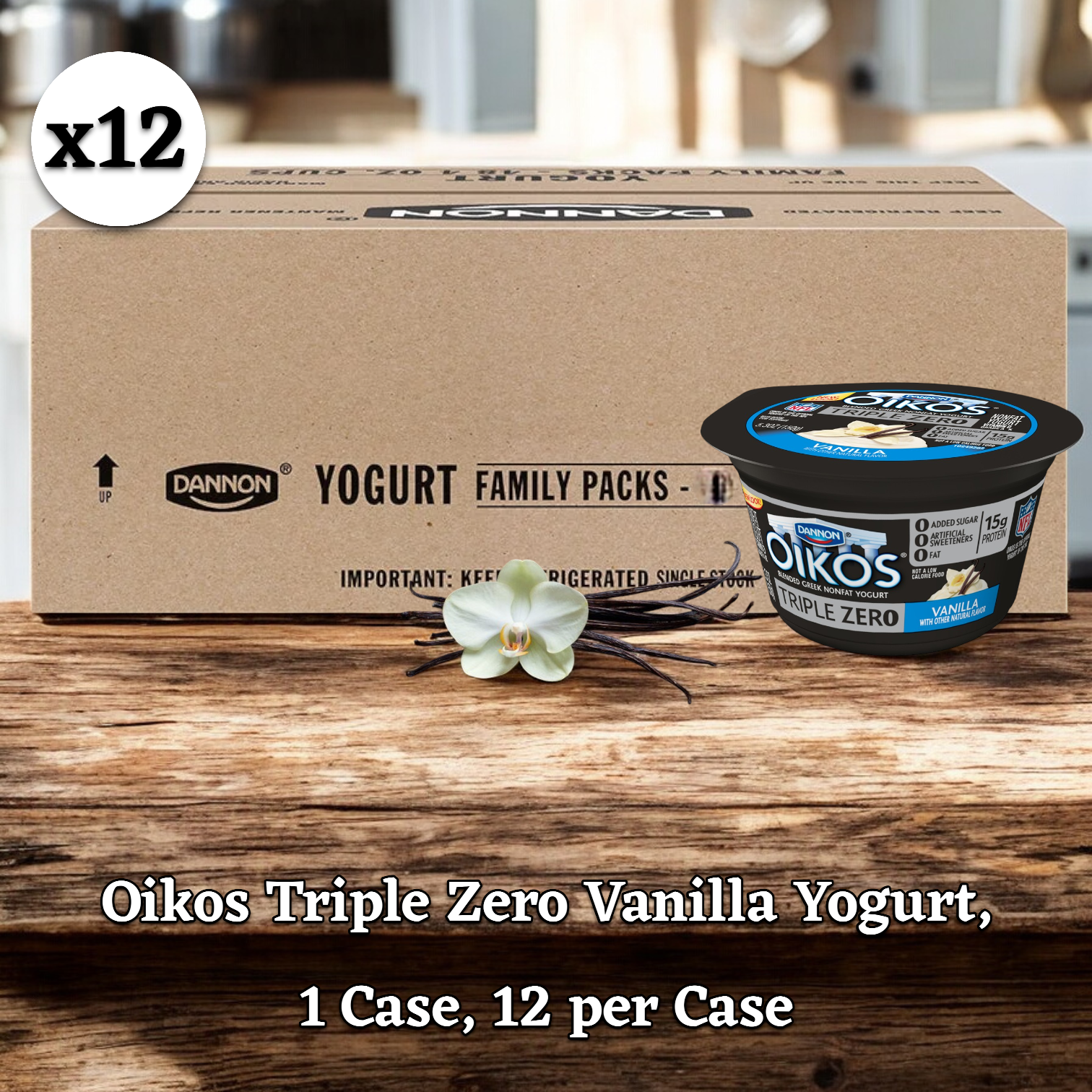 A 12-pack case of Dannon Oikos Triple Zero Vanilla Yogurt, each cup containing 5.3 oz. and high in protein with no added sugar, with one yogurt cup placed in front of the case.