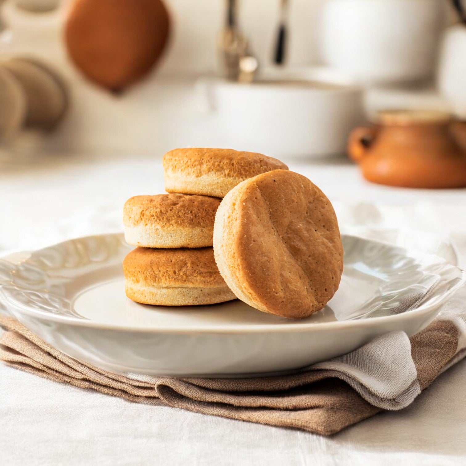 A single OMG It's Gluten Free Hamburger Bun, weighing 4.3 oz., placed on a white plate with kitchen utensils and pottery softly blurred in the background.