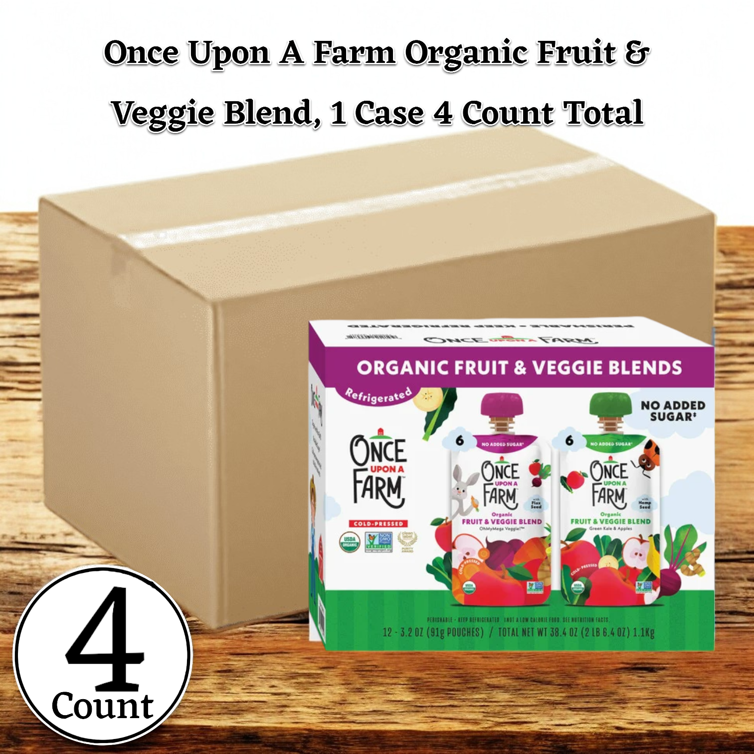 A cardboard box and a case containing "Once Upon a Farm Organic Fruit & Veggie Blend Variety Pack" pouches, featuring nutrient-rich fruits and vegetables with "No Added Sugar" indicated. Vegan and gluten-free, the package includes 48 total packs: 6 OhMyMega Veggie and 6 Green Kale and Apples within each of the 4-count packs.