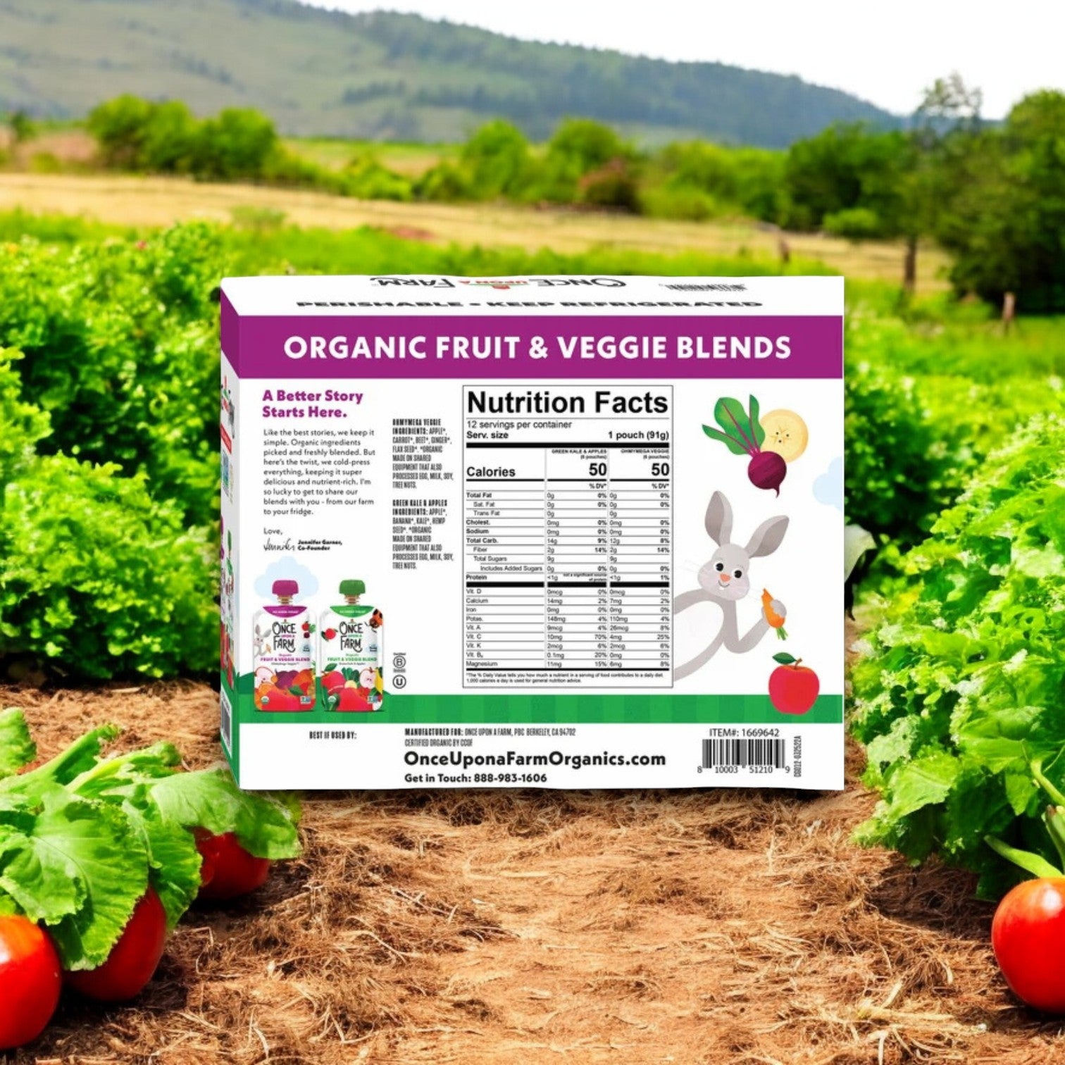 A box of Once Upon A Farm Organic Fruit & Veggie Blend (3.2 oz, 12-Count) is shown on a wooden surface amidst lush greenery. These blends feature non-GMO ingredients, offering a healthy choice.