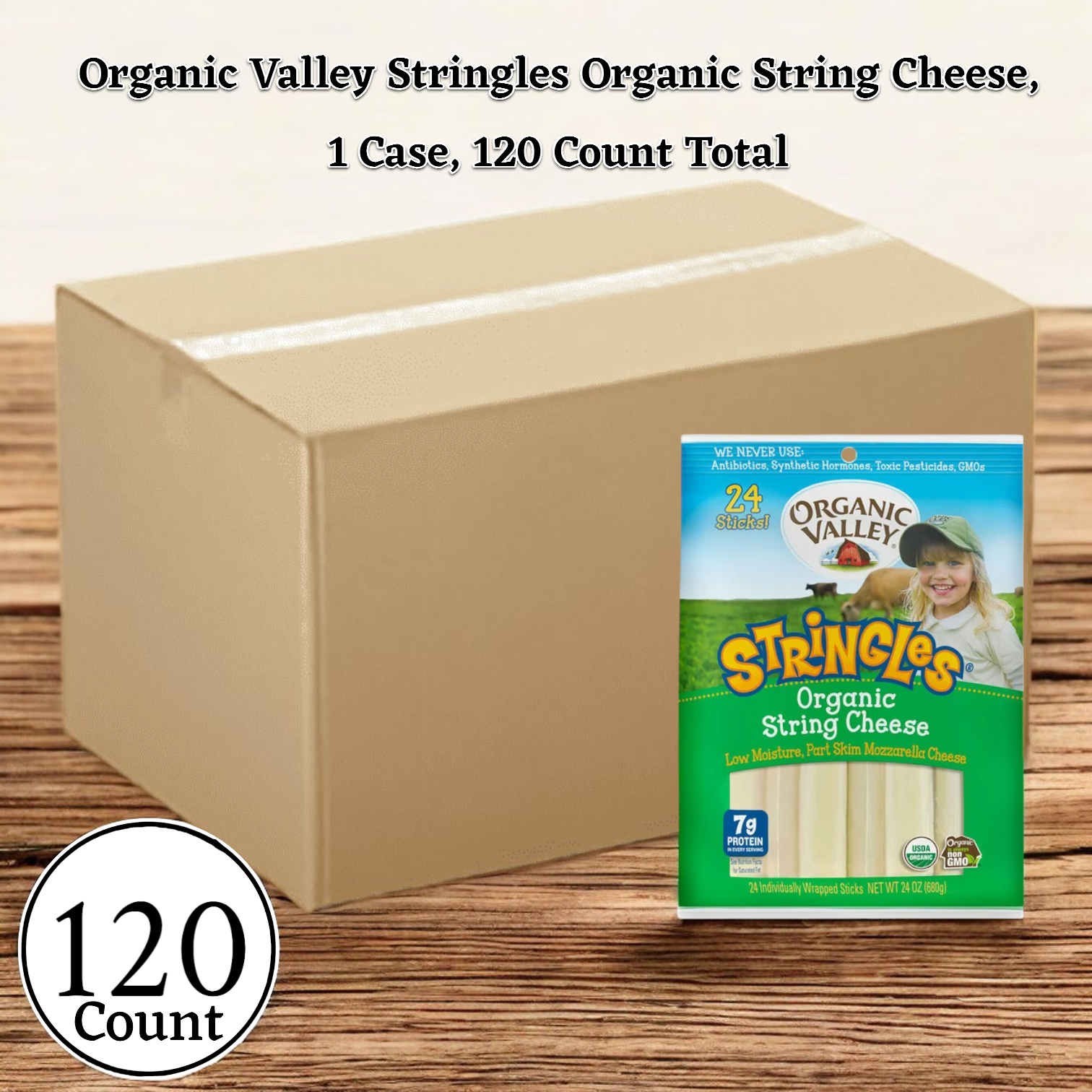 Image of a closed cardboard box and a package of Organic Valley Stringles Organic String Cheese. The text reads "Organic Valley Stringles Organic String Cheese - 1 Case, 5 bags- 120 Count.