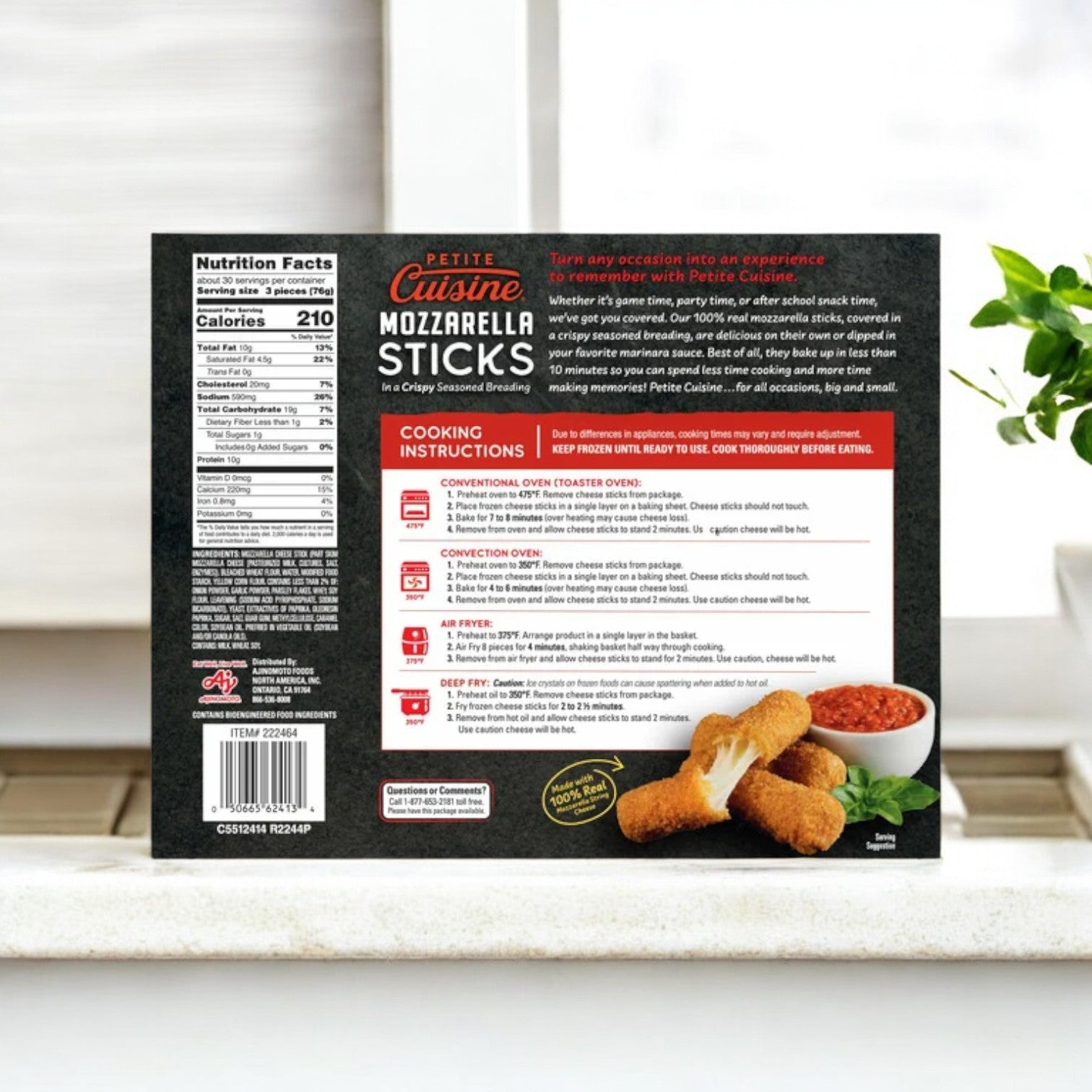 A box of Easy Lunches Petite Cuisine Mozzarella Sticks, 5 lb. - 1 Count, sits on a white surface, with cooking instructions and nutritional info clearly shown. Sunlight filters through a nearby window in the background. Made with real mozzarella and encased in a crispy coating.