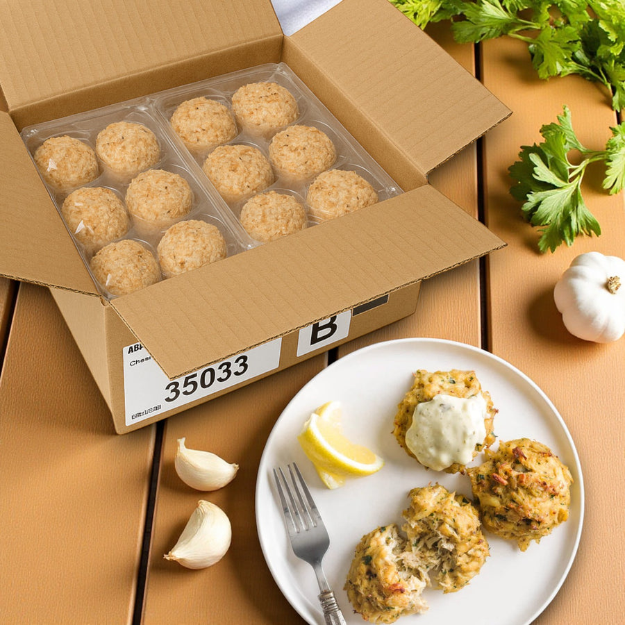 A case of Phillips Foods Crab Cake Chesapeake (12 pack, 3.25 oz each) sits next to a plate with a cooked crab cake, lemon wedge, fork, and garnishes on a wooden table.