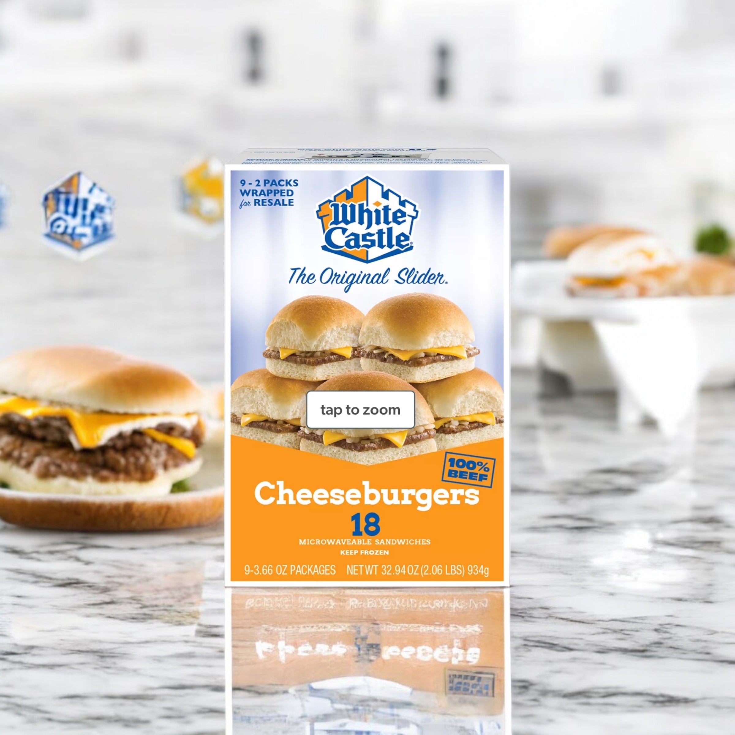 A box of White Castle Cheeseburger Sliders from Easy Lunches on a marble countertop, showcasing an image of three cheeseburgers and text indicating 18 microwaveable sandwiches in 2-pack portions.