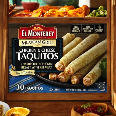 A box of El Monterey Mexican Grill Taquitos, Chicken & Cheese (30-count - 1 Pack) from Easy Lunches is placed in front of a wooden shelf with various dishes. The package includes 30 taquitos made with flour tortillas and charbroiled chicken breast with rib meat, offering authentic Mexican flavors in each bite.