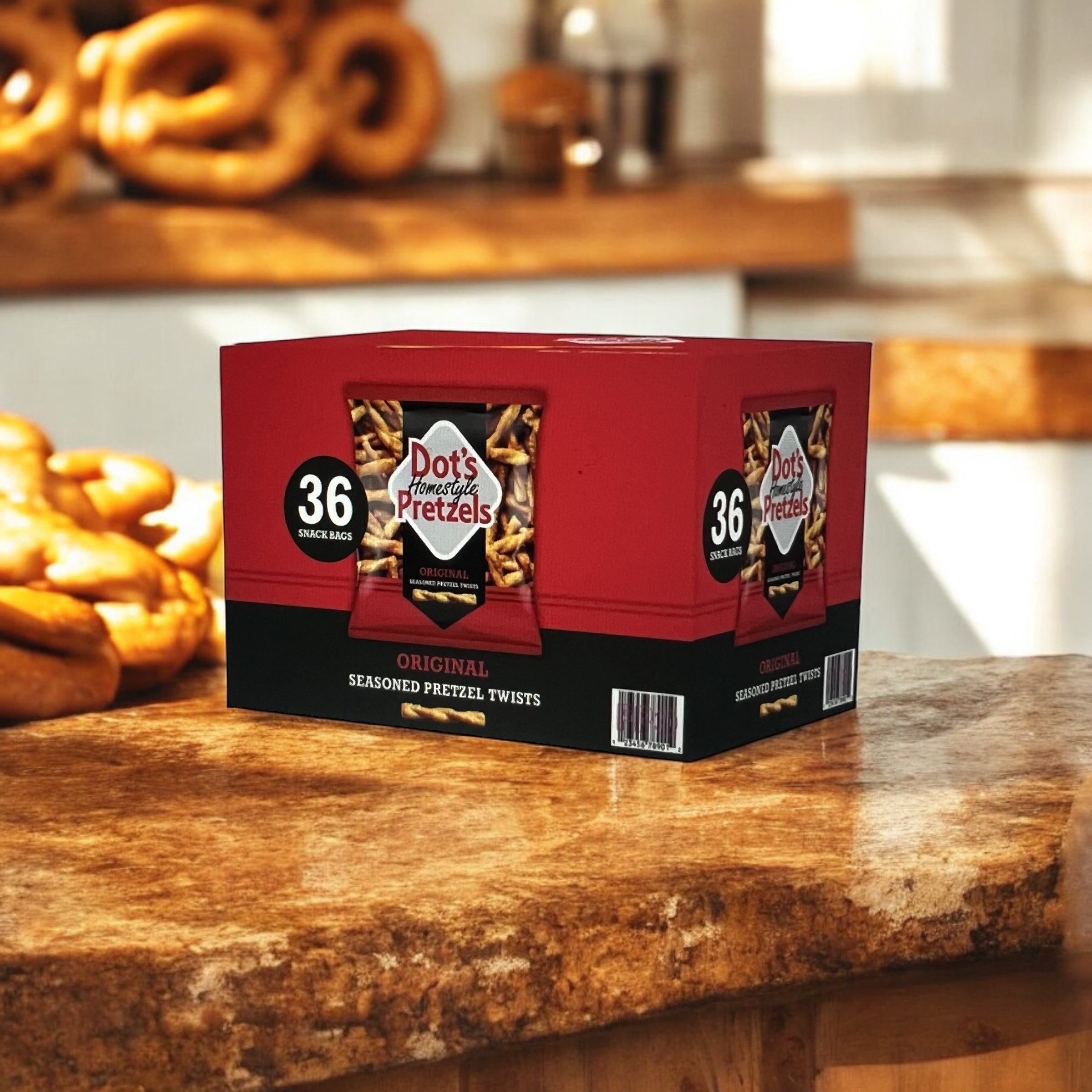 A box of Dot's Original Seasoned Pretzel Twists-1 oz. sits on the kitchen counter with tasty pretzel twists in the background.