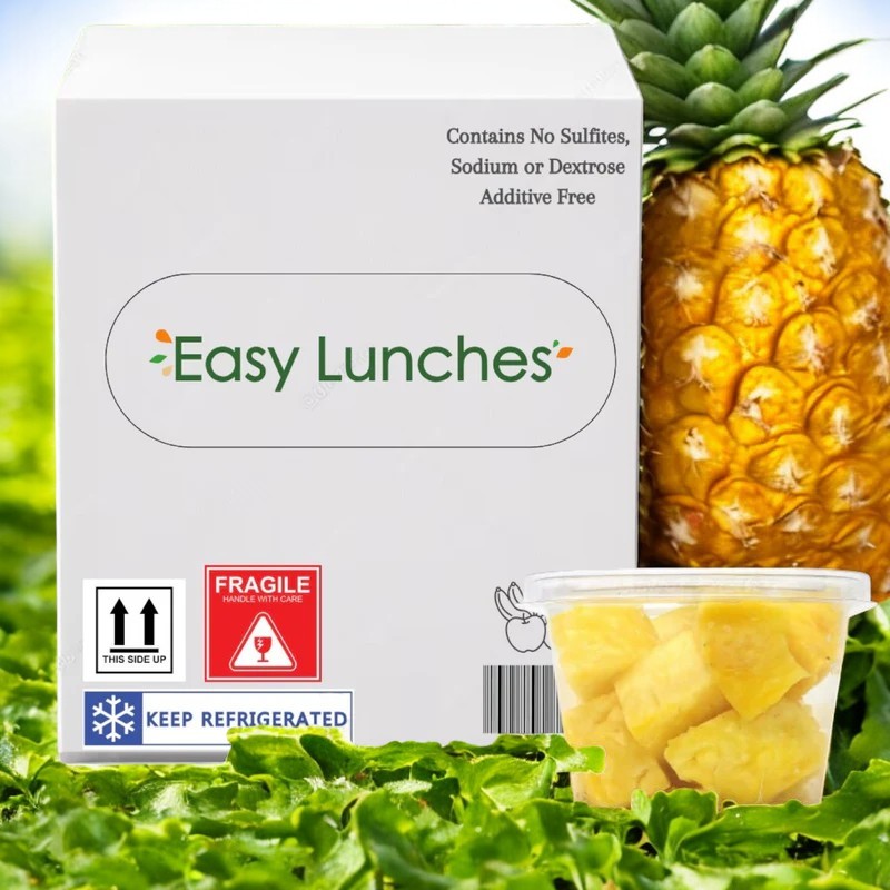 The "Easy Lunches" box, featuring Pineapple Chunks Fresh (2.5 oz - 50 Count, Made to Order, 7 Days Shelf Life), offers a tropical treat of whole pineapples and chunks, free from sulfites, sodium, or dextrose. Fragile and refrigerated labels ensure it stays fresh.