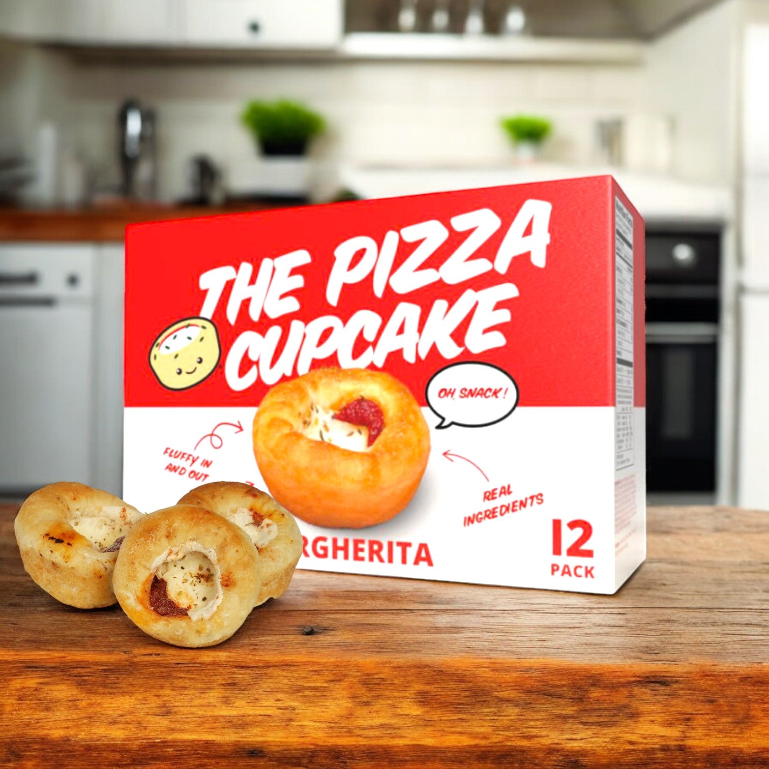 A case of "The Pizza Cupcake" features the authentic Italian taste of Pizza Margherita with 48 cupcakes tempting you from the kitchen counter.