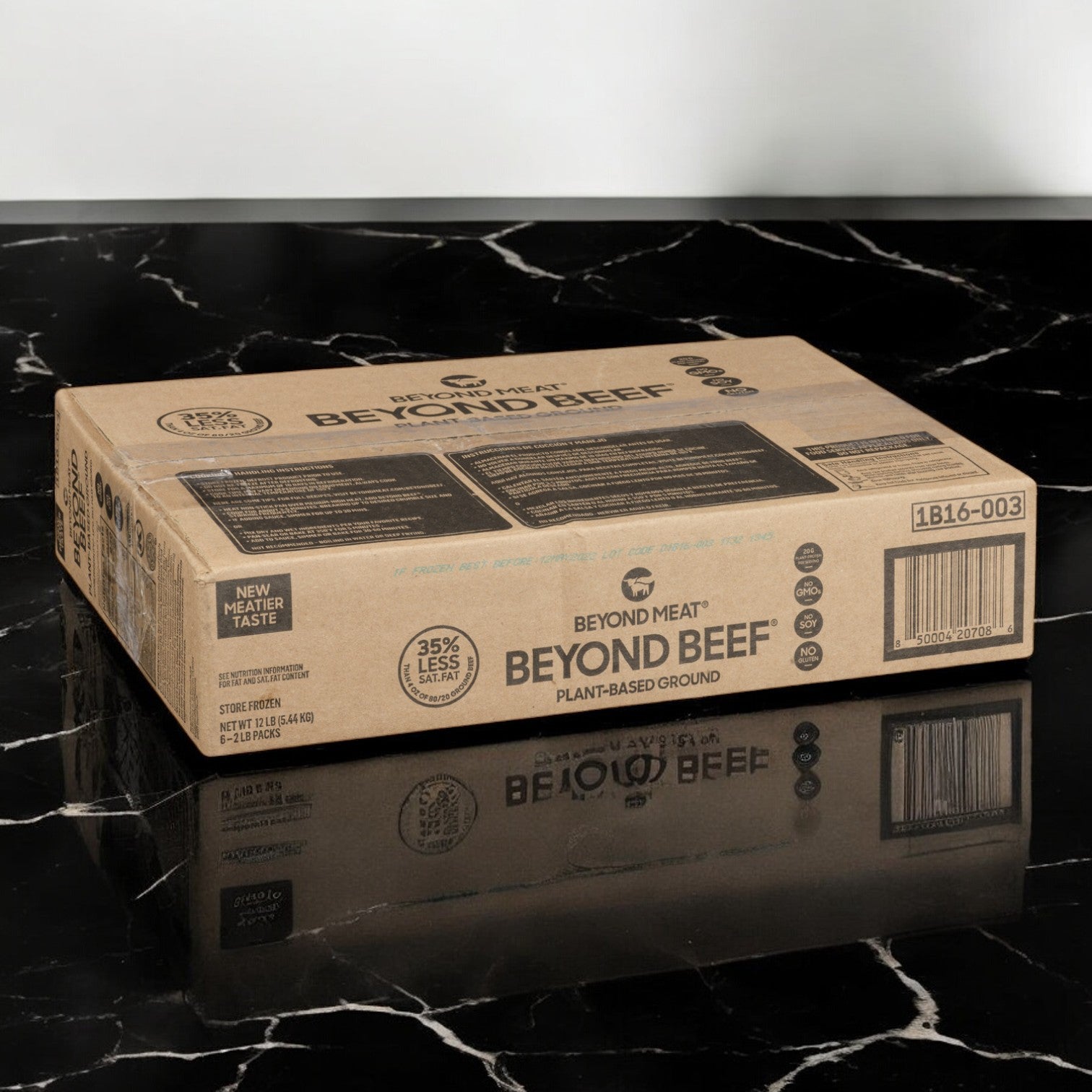 A box containing six 2 lb. packages of Beyond Meat Plant-Based Ground Beef sits on a sleek black marble surface, highlighting its dedication to providing non-GMO ingredients for those looking for high-quality plant-based protein.