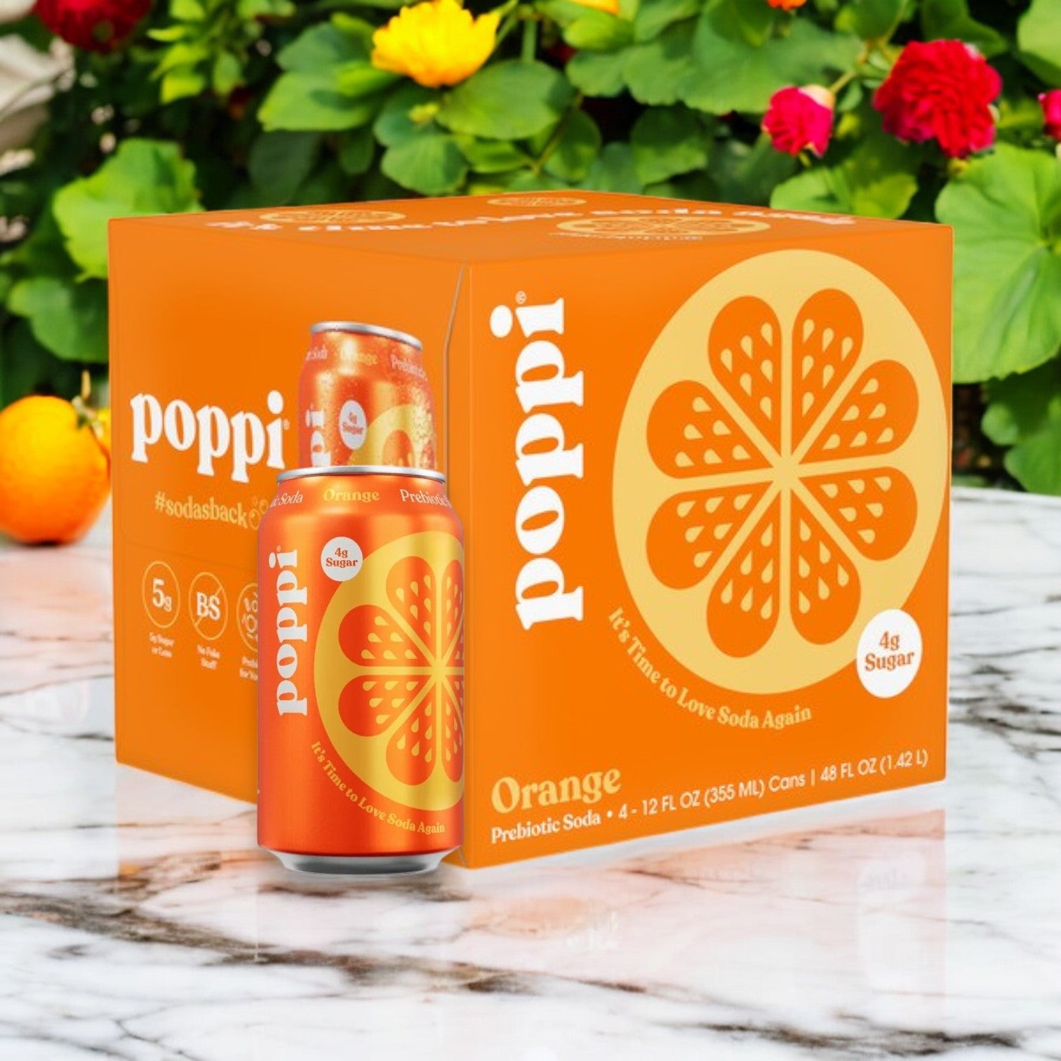 A 4-pack of Poppi Prebiotic Soda in Orange flavor, each 12 fl oz, is displayed on a marble surface with a sliced orange graphic and a can upfront, now featuring the refreshing Raspberry Rose variety for a delightful twist.