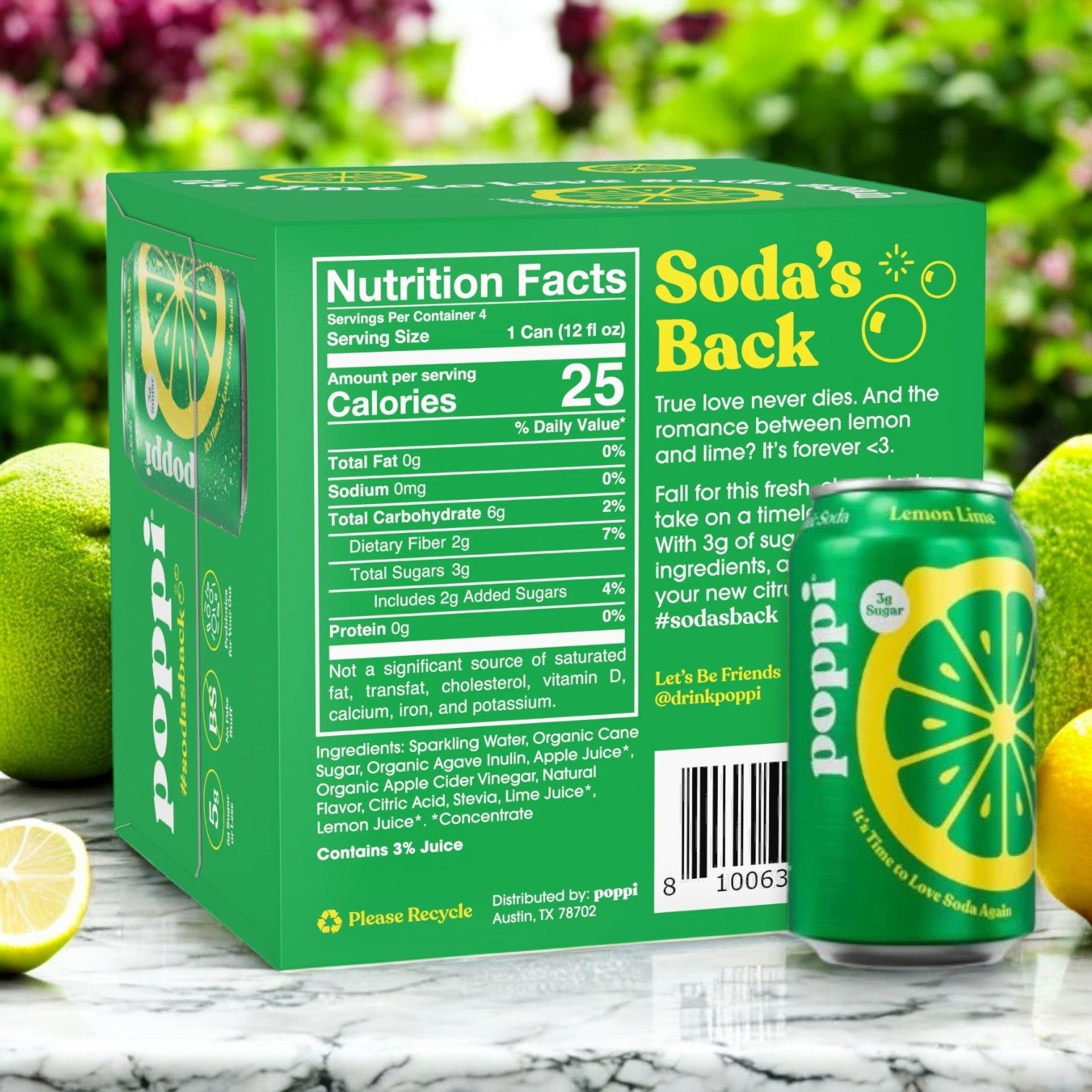 A green box of Poppi Prebiotic Soda, Lemon Lime, 12-Pack, 12 fl oz each is displayed with nutrition facts and ingredients. It highlights gut-friendly prebiotics, low calories, and sugar. Fresh lemons and limes are in the background.