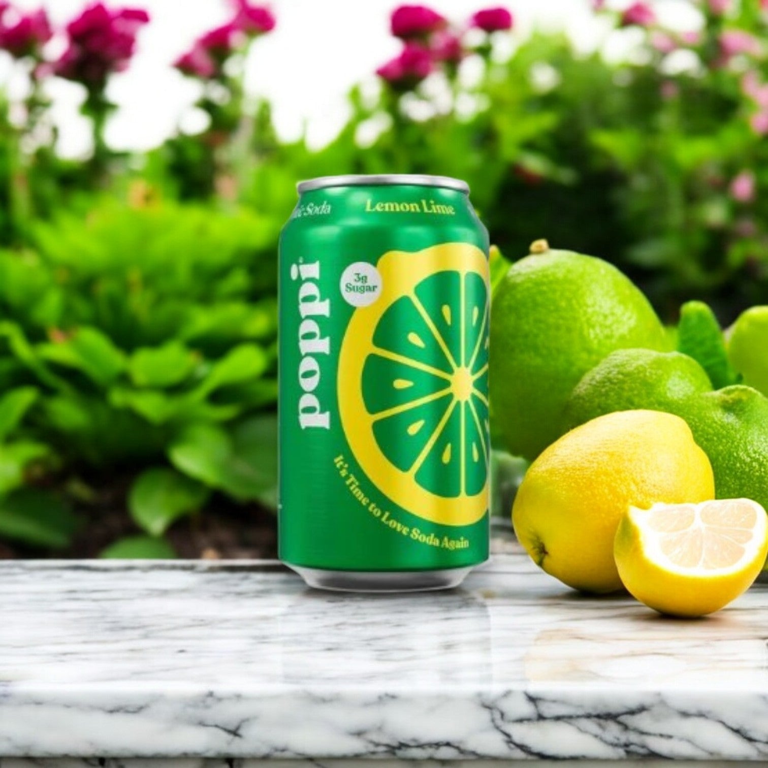 A 12 fl oz can of Poppi Prebiotic Soda in Lemon Lime flavor rests on marble, surrounded by fresh lemons, limes, and lush greenery, offering a refreshing and gut-friendly experience.