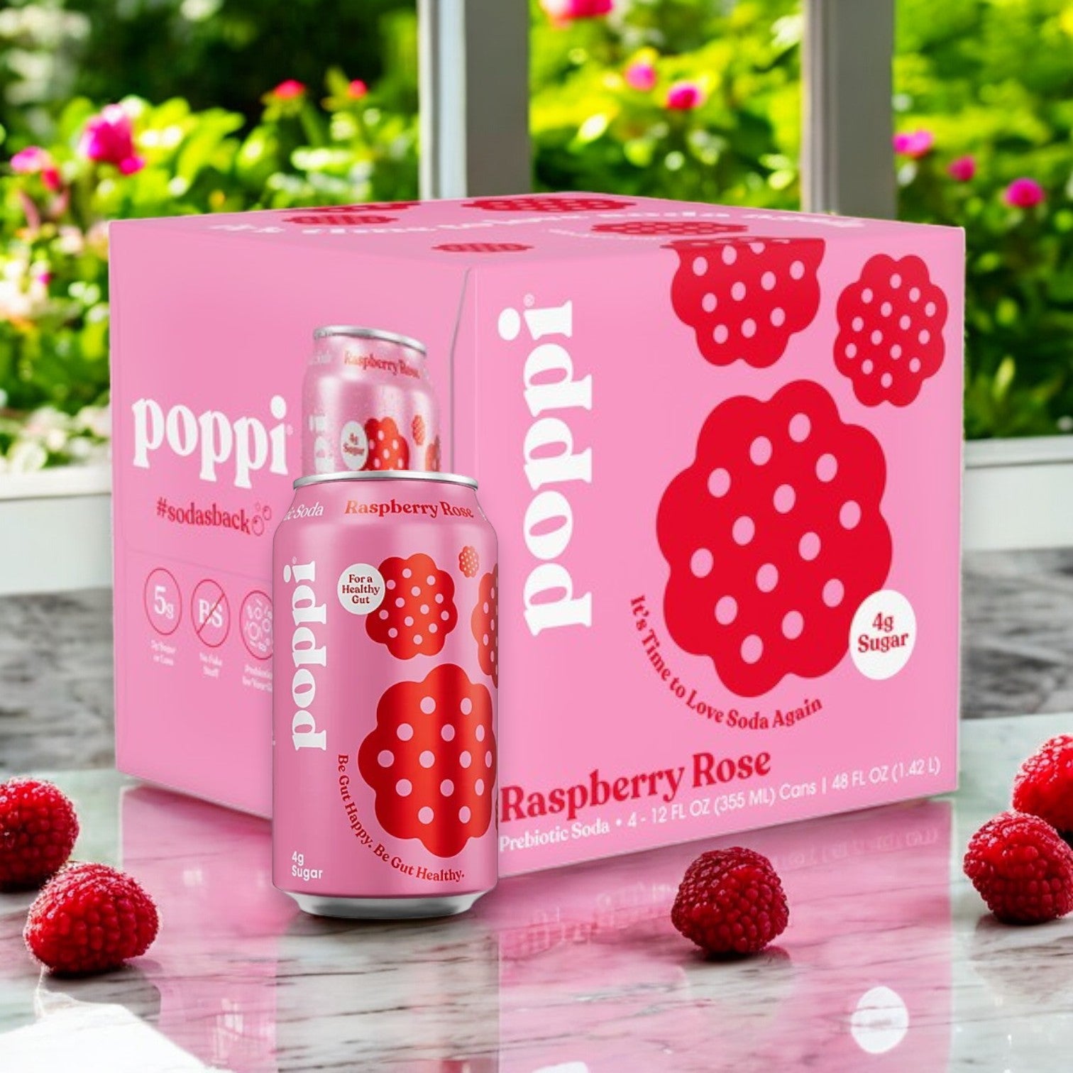 On a table with fresh raspberries, Poppi Raspberry Rose Prebiotic Soda 4-Pack features 4g of sugar and prebiotics for gut health. It complements their Strawberry Lemon flavor and embodies "True to the Core Soda Asian.